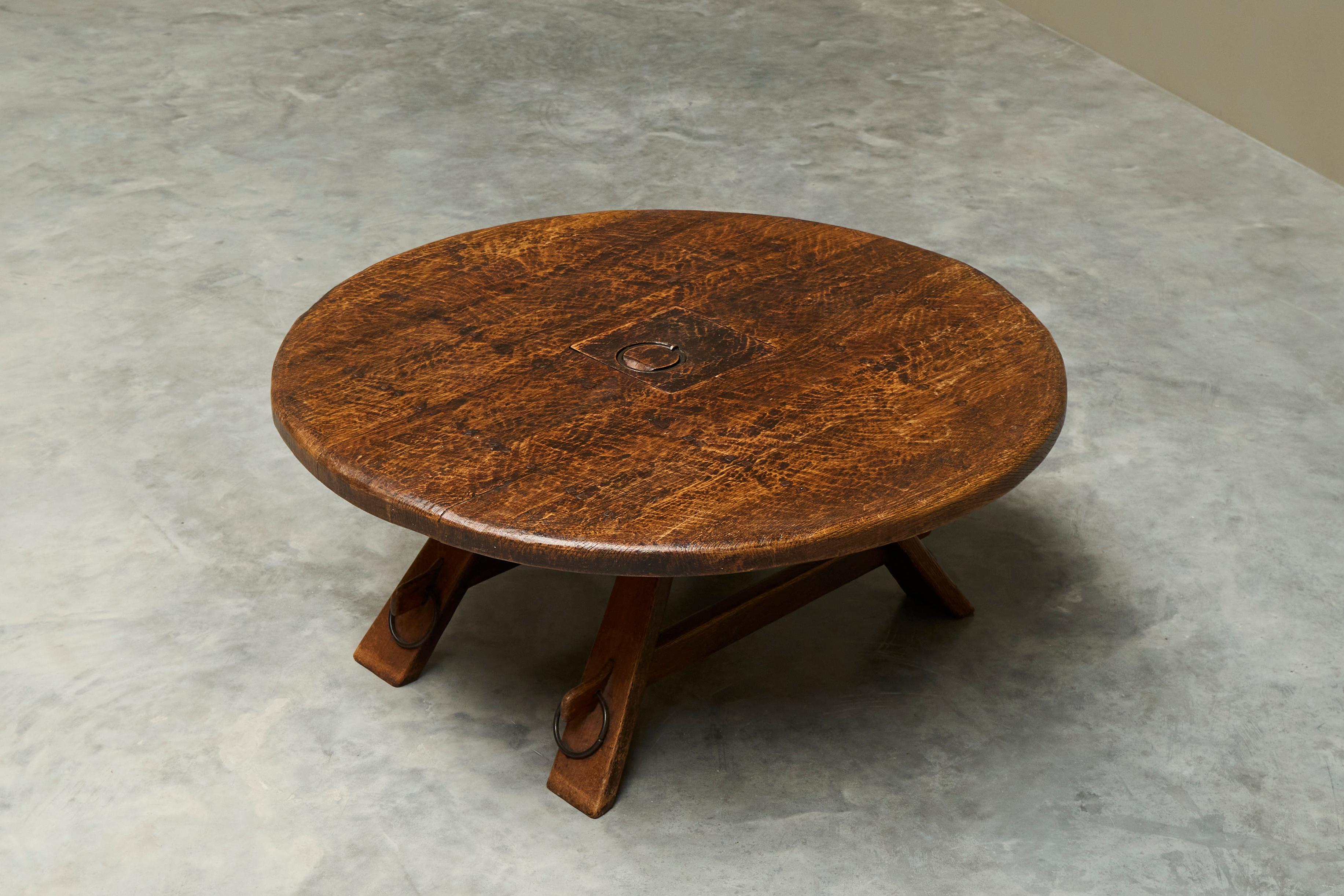 Metal Coffee Table in Solid Oak and Wrought Iron Mid 20th Century For Sale