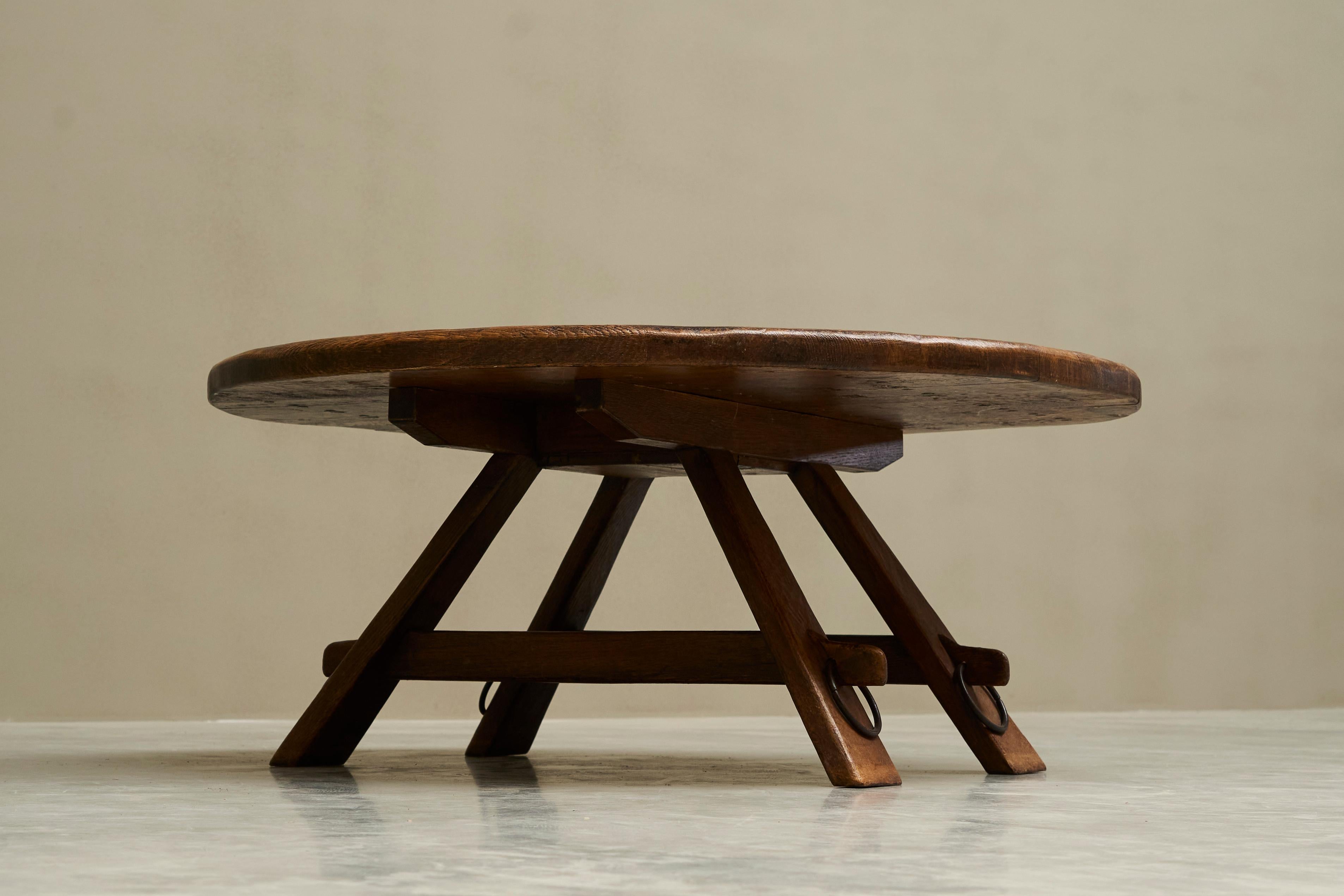 Coffee Table in Solid Oak and Wrought Iron Mid 20th Century For Sale 2