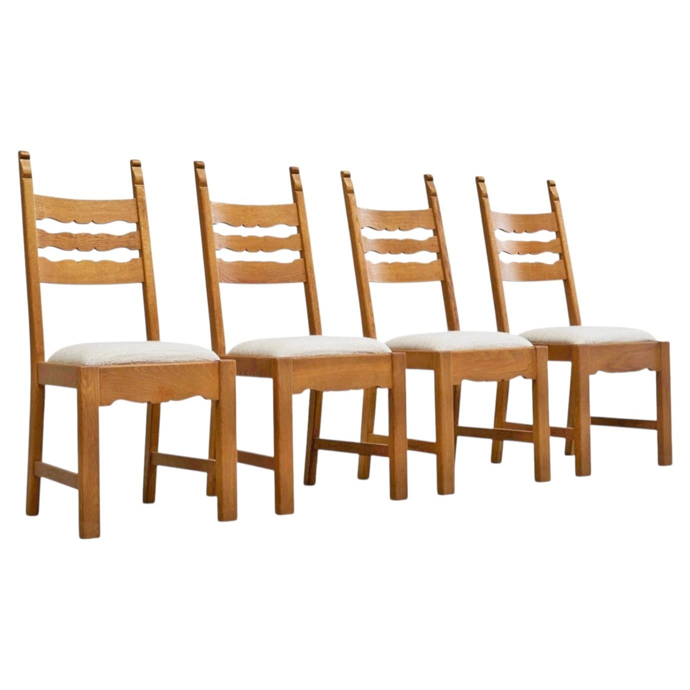 Set of 4 Henning Kjærnulf Style 'Razorblade' Chairs in Solid Oak and Wool 1960s For Sale
