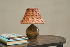 French Olive Green Glazed Studio Pottery Table Lamp with Rattan Shade 1960s