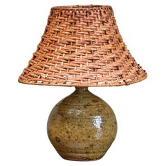 French Olive Green Glazed Studio Pottery Table Lamp with Rattan Shade 1960s