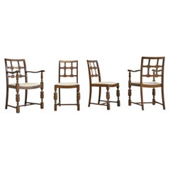 Beautiful Set of 4 French Chairs in Solid Oak and Velvet 1940s