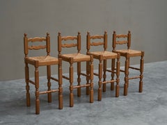 Set of 4 'Razorblade' Bar Stools in Solid Oak and Rush 1960s