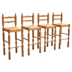 Set of 4 'Razorblade' Bar Stools in Solid Oak and Rush 1960s