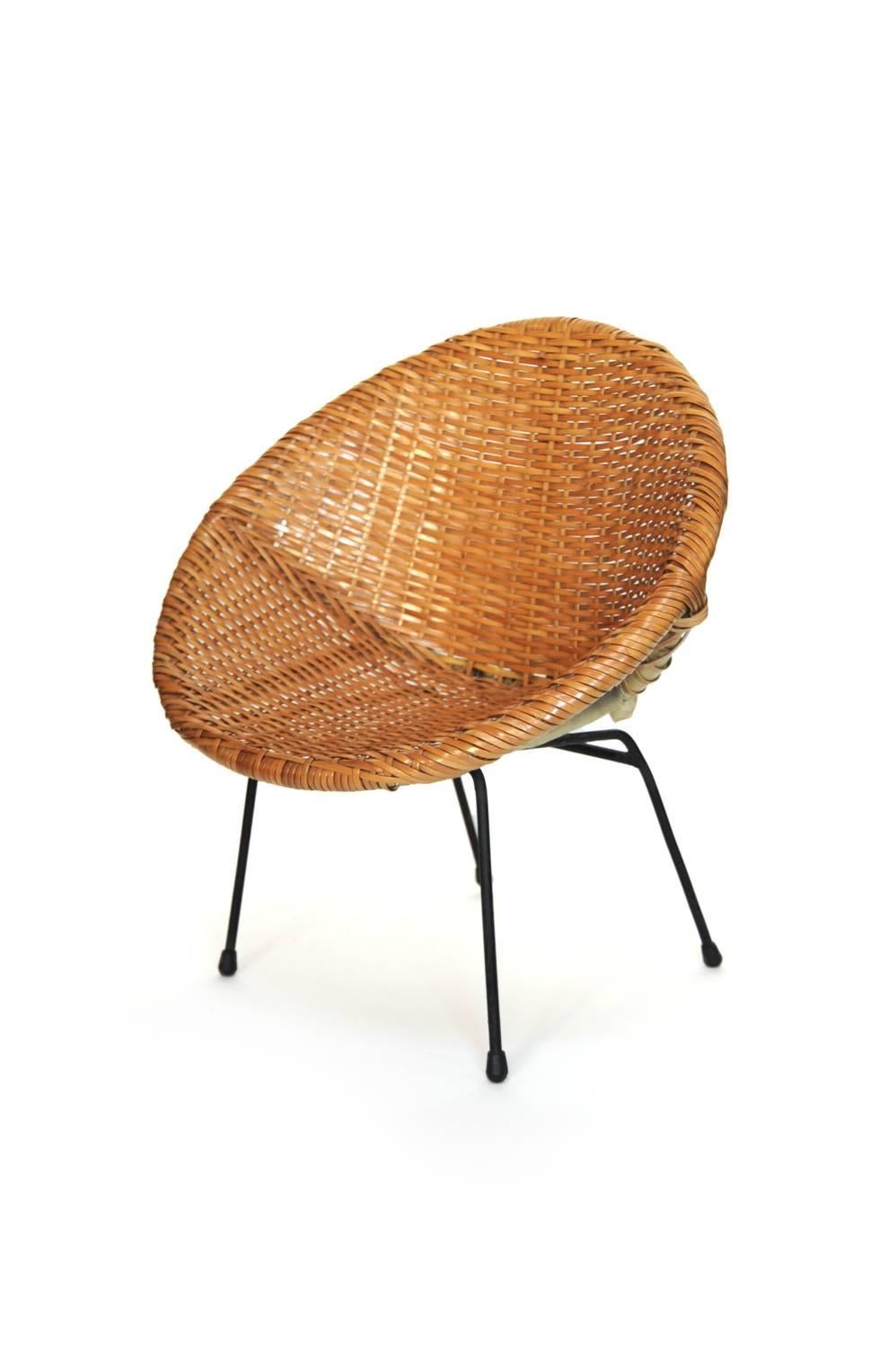 Mid-Century Modern Round Coated Rattan Child Chair with Iron Legs, USA, 1950s