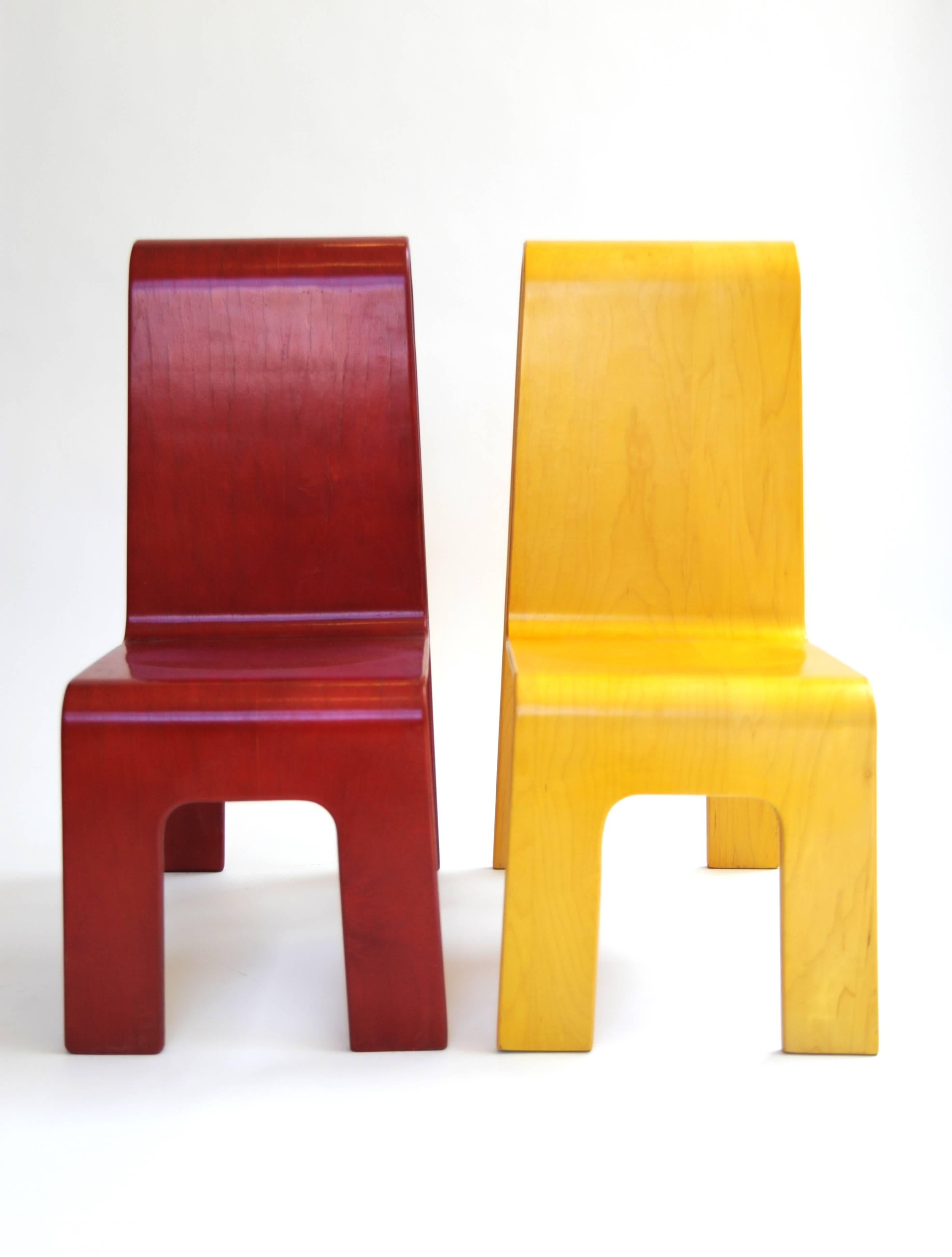 Finnish Kinder-Link Molded Maple Plywood Cut-Out Child Chair by Isku, Finland, in Yellow For Sale