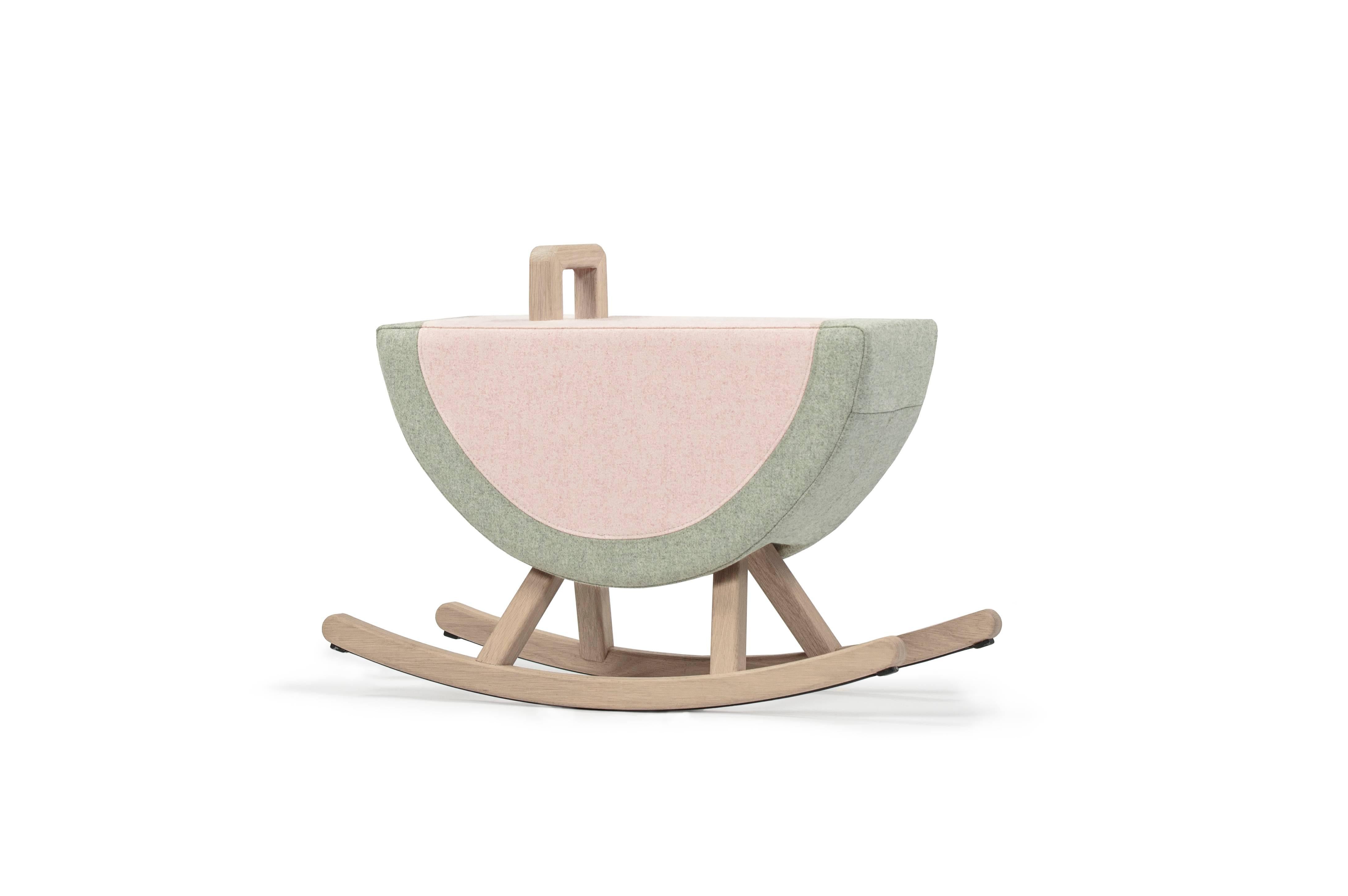 Iconic watermelon child rocker by Maison Deux

Maison Deux
Contemporary, Netherlands, 2016
French oak, Kvadrat wool, rubber
Measures: L 27 in, seat H 15.75 in, D 10.5 in.