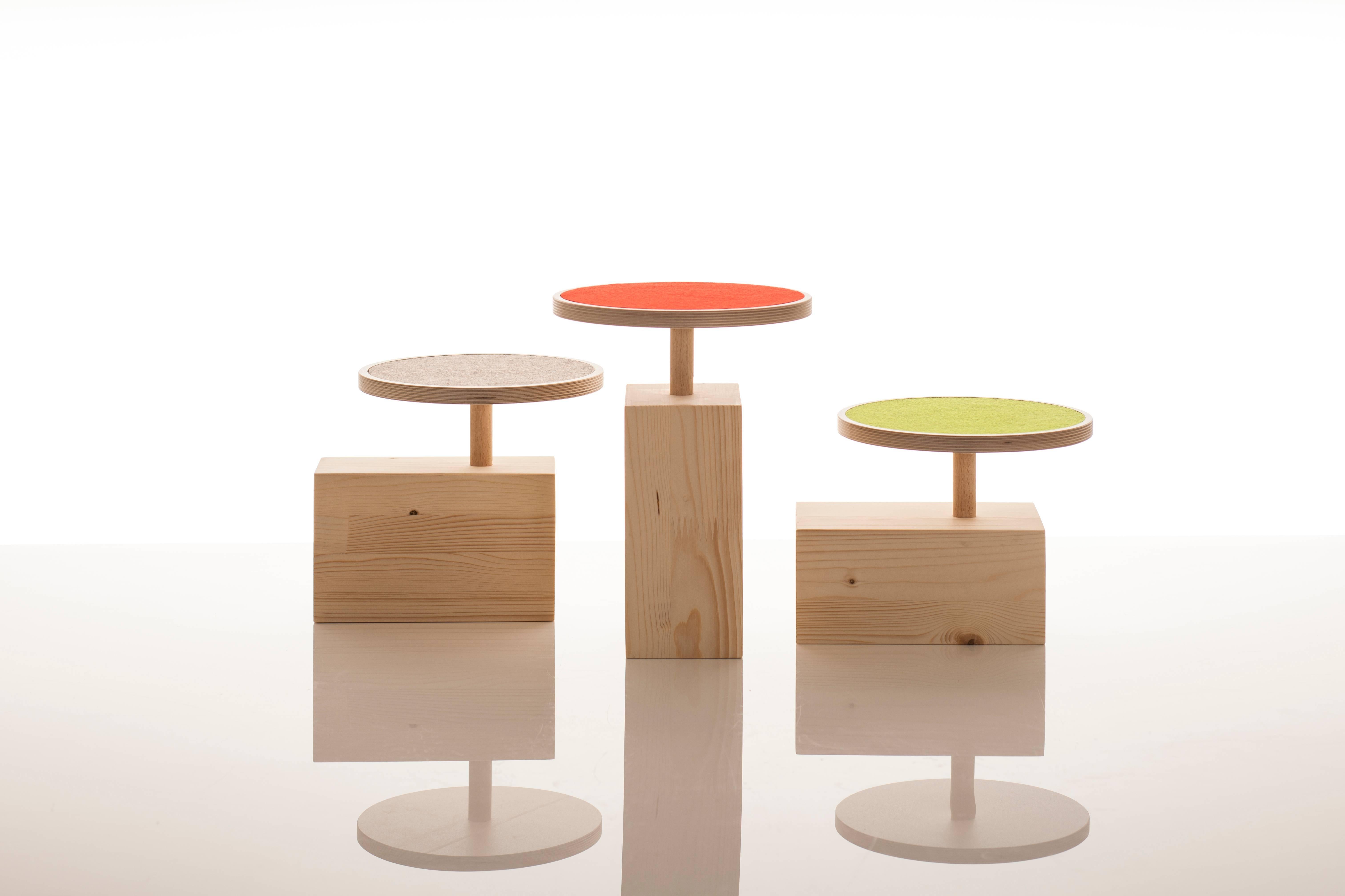 Adjustable green claus child stool by Sirch and Bitzer in spruce and felt

Designed by W. Sirch and C. Bitzer
Contemporary, Germany, 2012
Spruce, Felt
Wood block: H 6 in, W 4.75 in, L 10 in 
Seat diameter: 10.5 in
Adjustable seat heights: 8.5