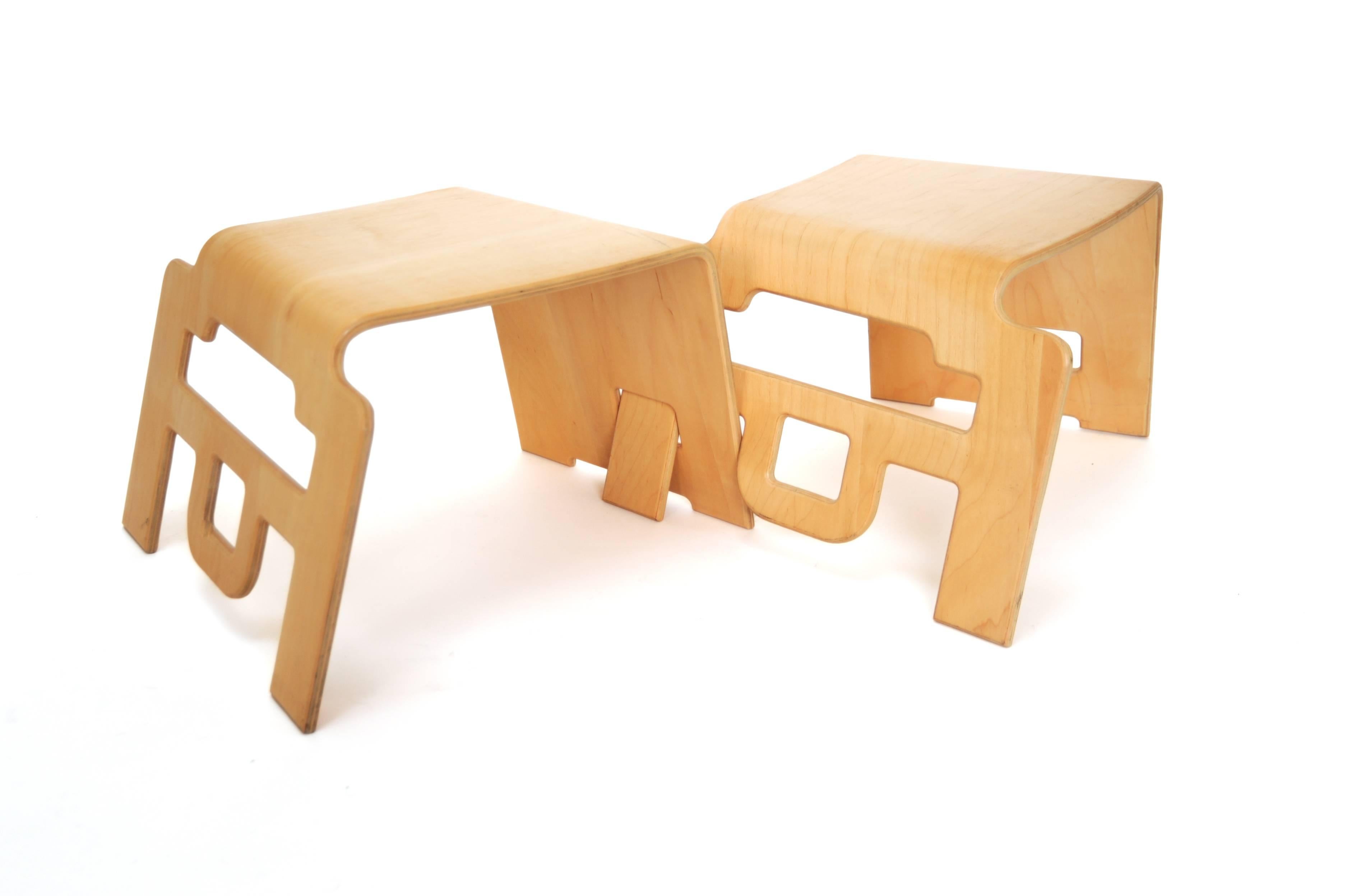 American Kinderlink Stackable Interlocking Plywood Stool by Bashir Zivari, Vintage, 1986 For Sale