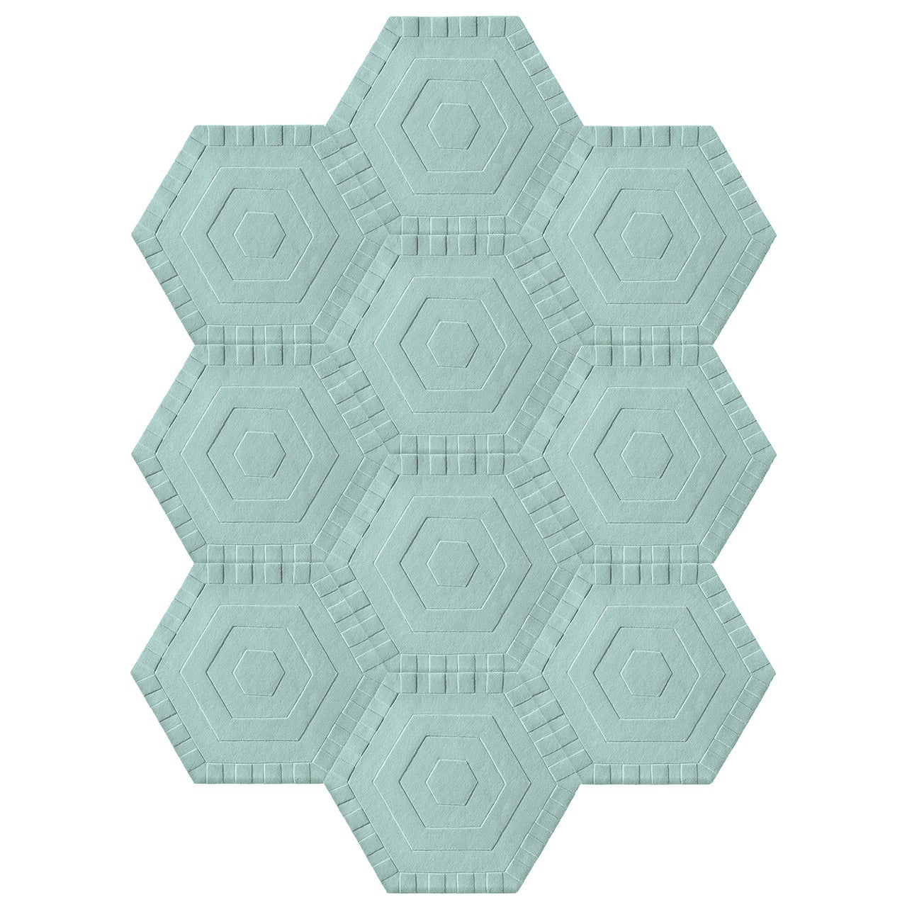 Kinder Modern Extended Hexagon Sky Swizzle Blind Rug in 100% New Zealand Wool For Sale