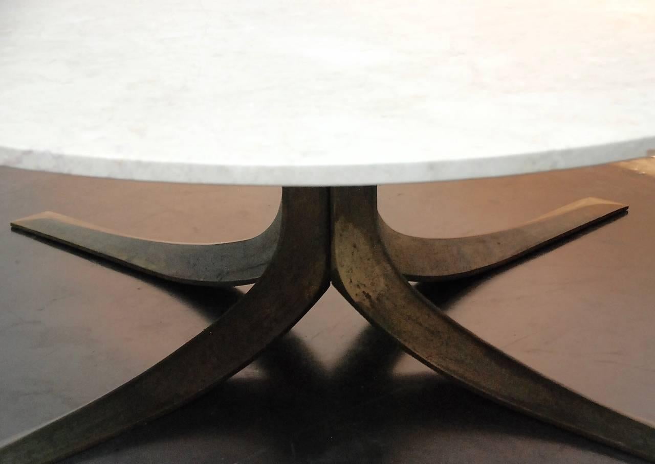 Lounge table designed by Jules Wabbes, circa 1960, Belgium.
Hard stone resting on central base with four branches, cast bronze with patina gold tulip shaped foot. High quality piece and very decorative.
Georges Leroux at Jules Wabbes Brussels.