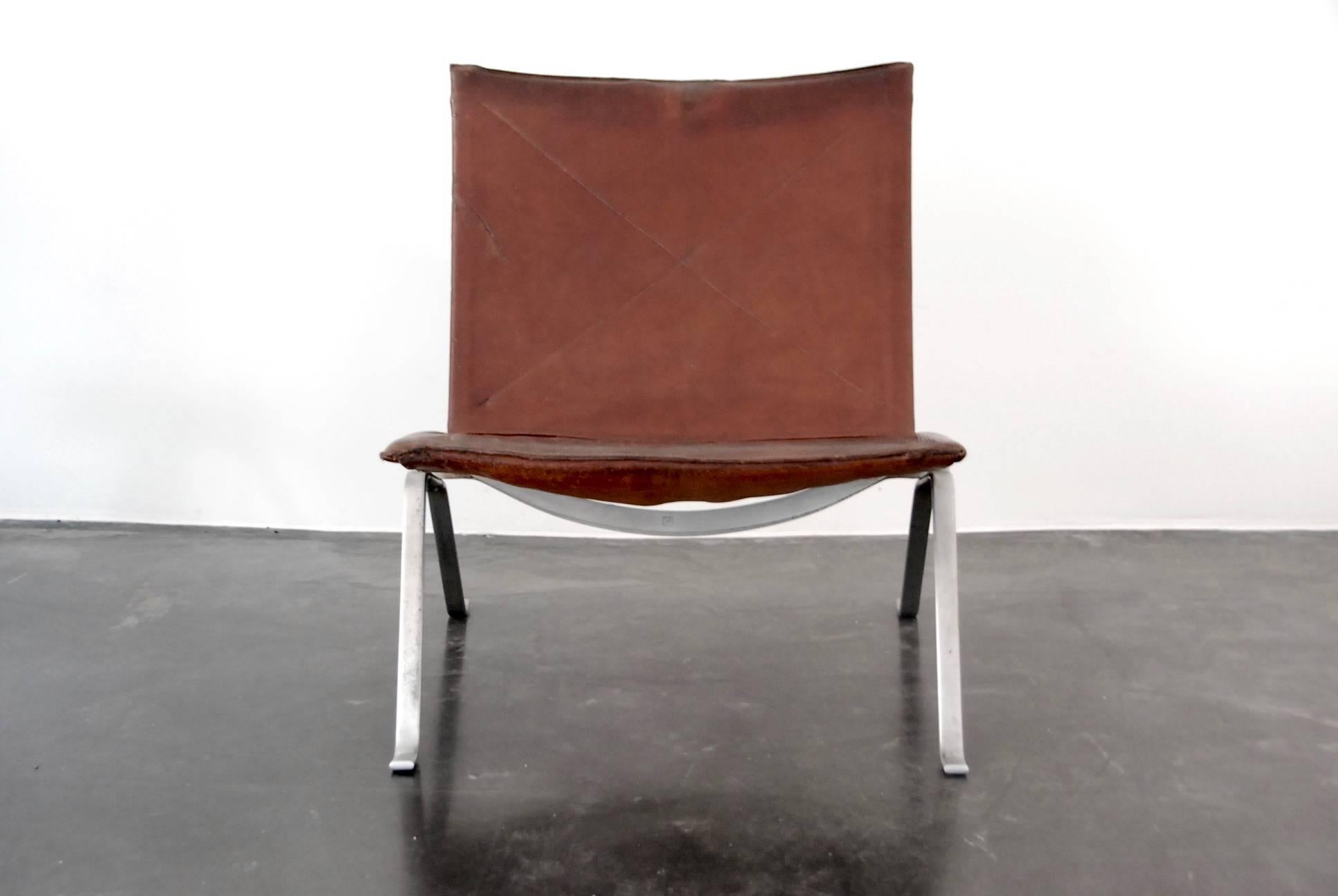 Poul Kjærholm PK22 lounge chair for E. Kold Christensen, first edition, Denmark, 1956. All original condition, leather original patina deep cognac color.