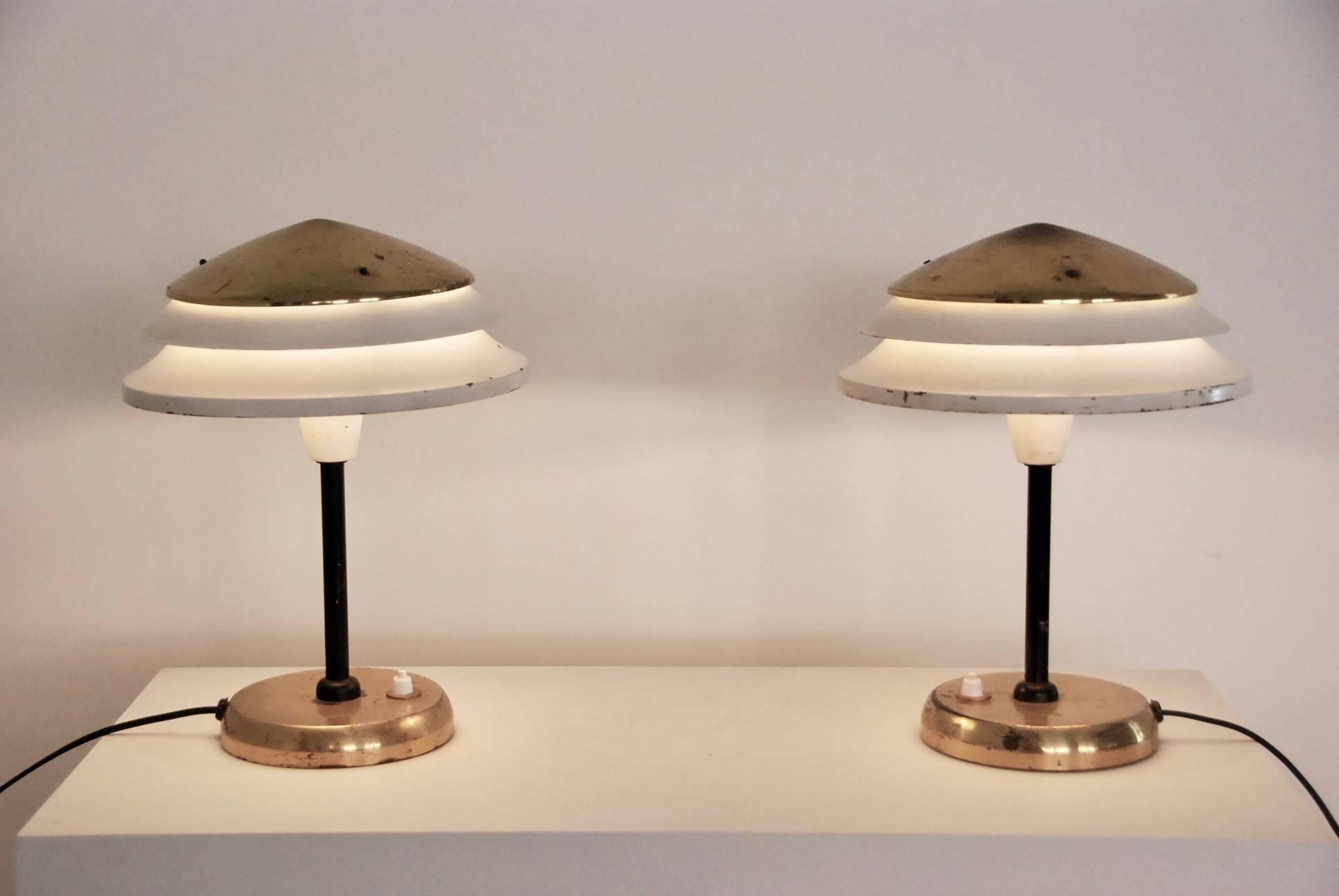 Very nice and decorative pair of table lamps with shield in shape of small roof produced by Zukov typ 6643, 
Czechoslovakia, 1970s-1980s. All original condition.