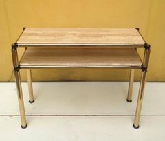 1970s French Brass and Travertine Two-Tier Console