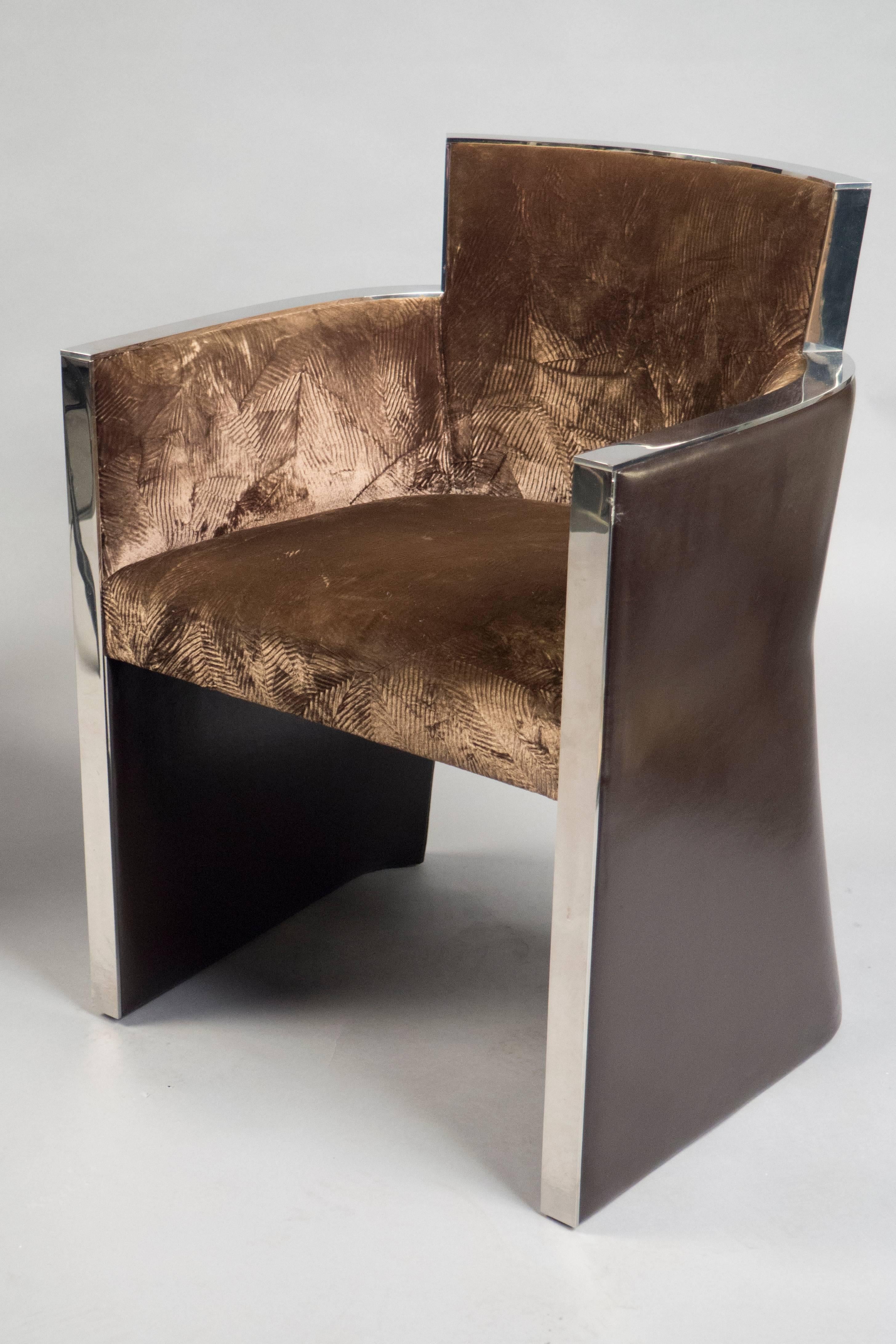 Inox steel frames featuring wraparound backs upholstered in dark brown leather, the seats and backs upholstered in the original crushed velvet with leaf pattern. These chairs were designed for the Fendi store in Milan in the 1990s. Two pairs