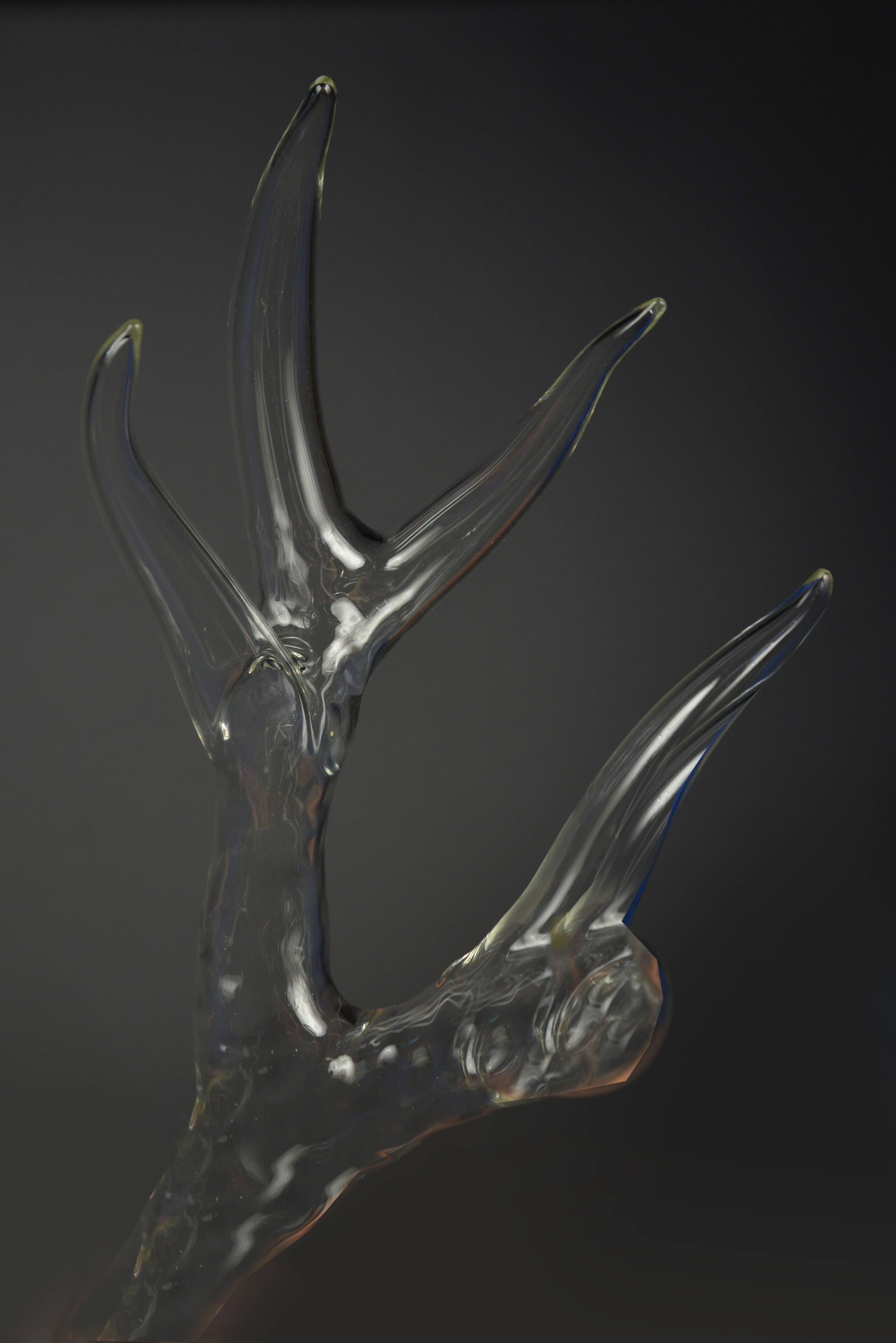 Wall-mounted sculpture of a deer head in borosilicate glass which is unusually strong and resistant to cracking or chipping.
Our N-10614.