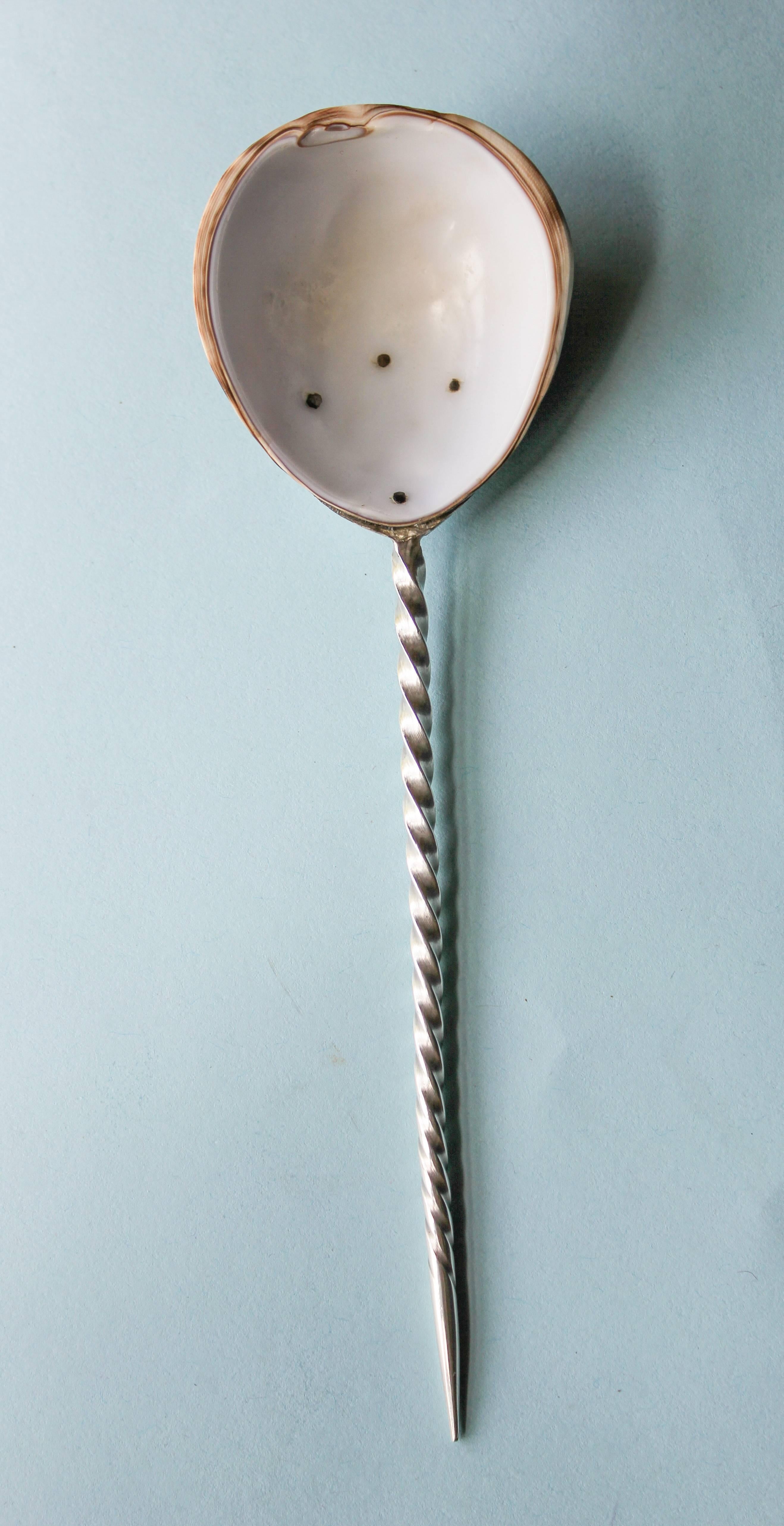 Very appealing 18th century latten spoon with cowrie shell bowl and twisted spiral silver handle. 
Made in the West Indies, circa 1765. 

This type of spoon is typical of the West Indies. The silver is unmarked and is very firmly attached to the