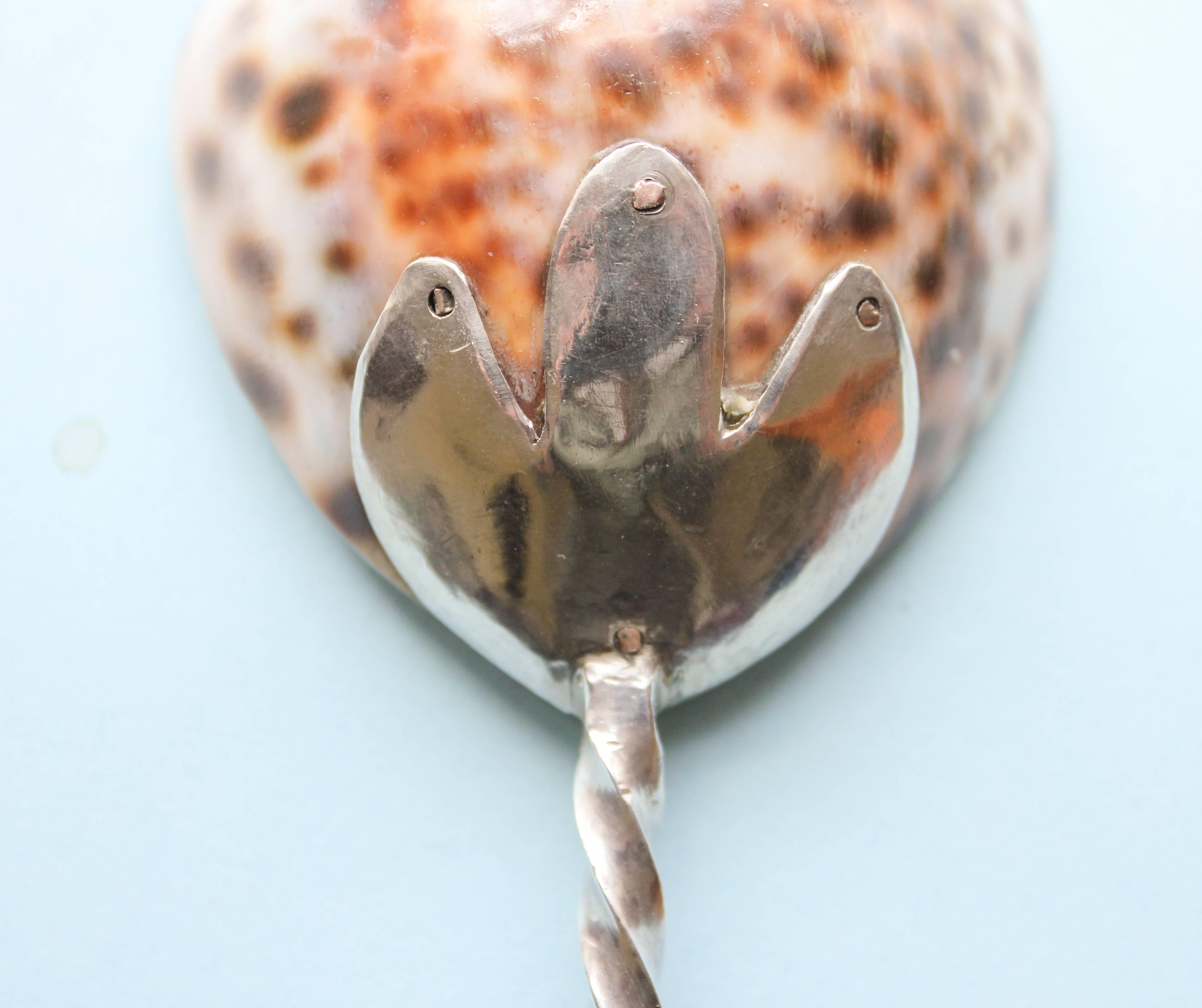 Caribbean 18th Century Latten Spoon with Cowrie Shell Bowl and Silver Handle