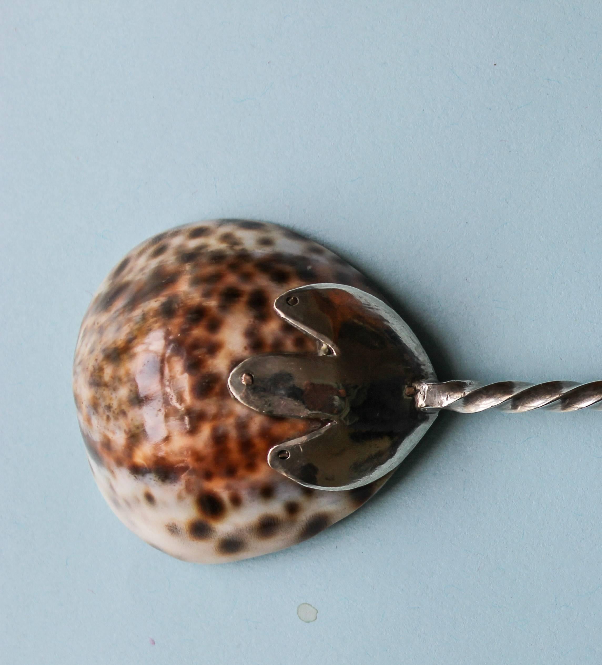 18th Century Latten Spoon with Cowrie Shell Bowl and Silver Handle 1