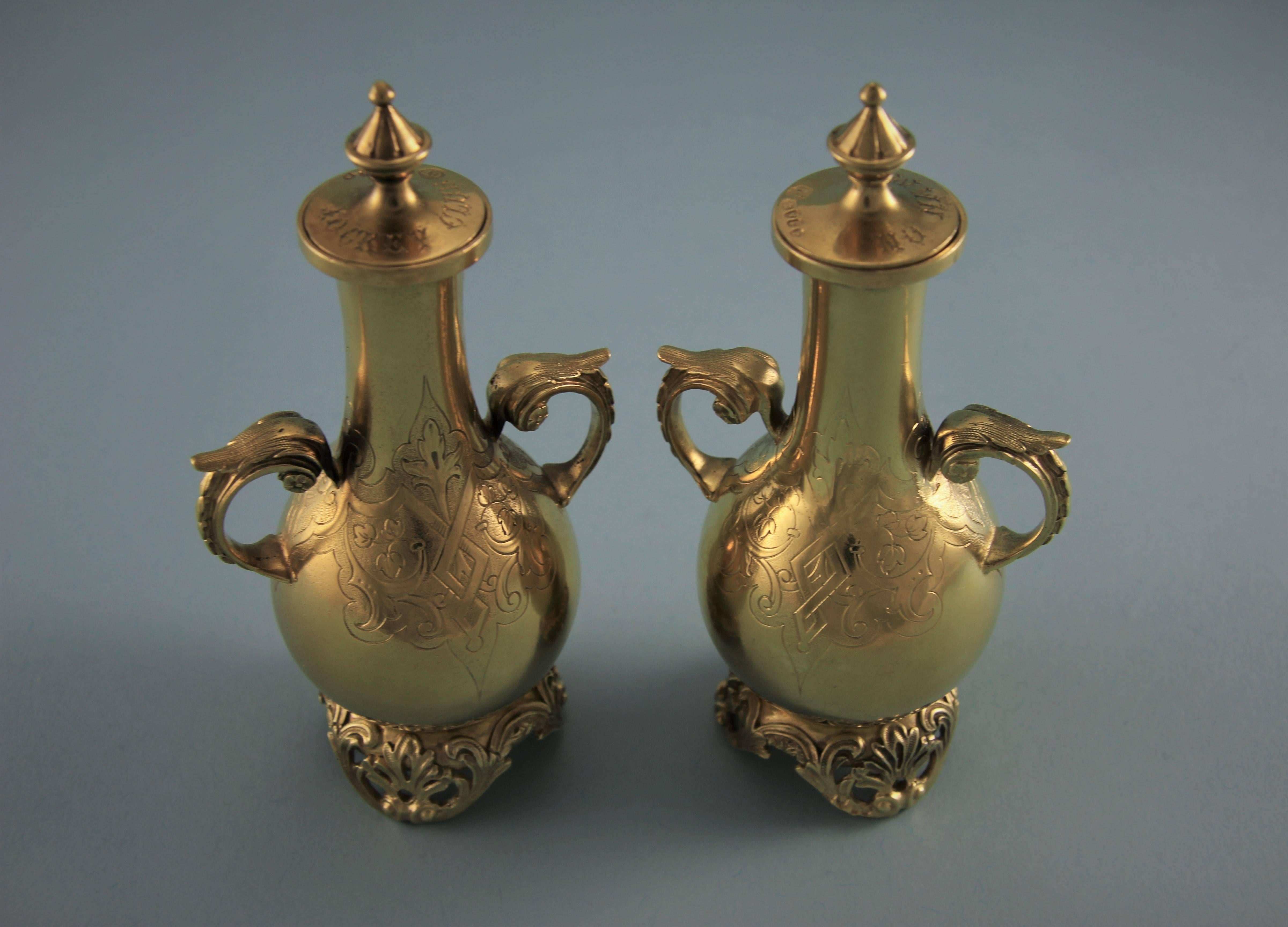 English Pair of Victorian Silver Gilt Perfume Bottles on Stands, George Fox London 1871 For Sale