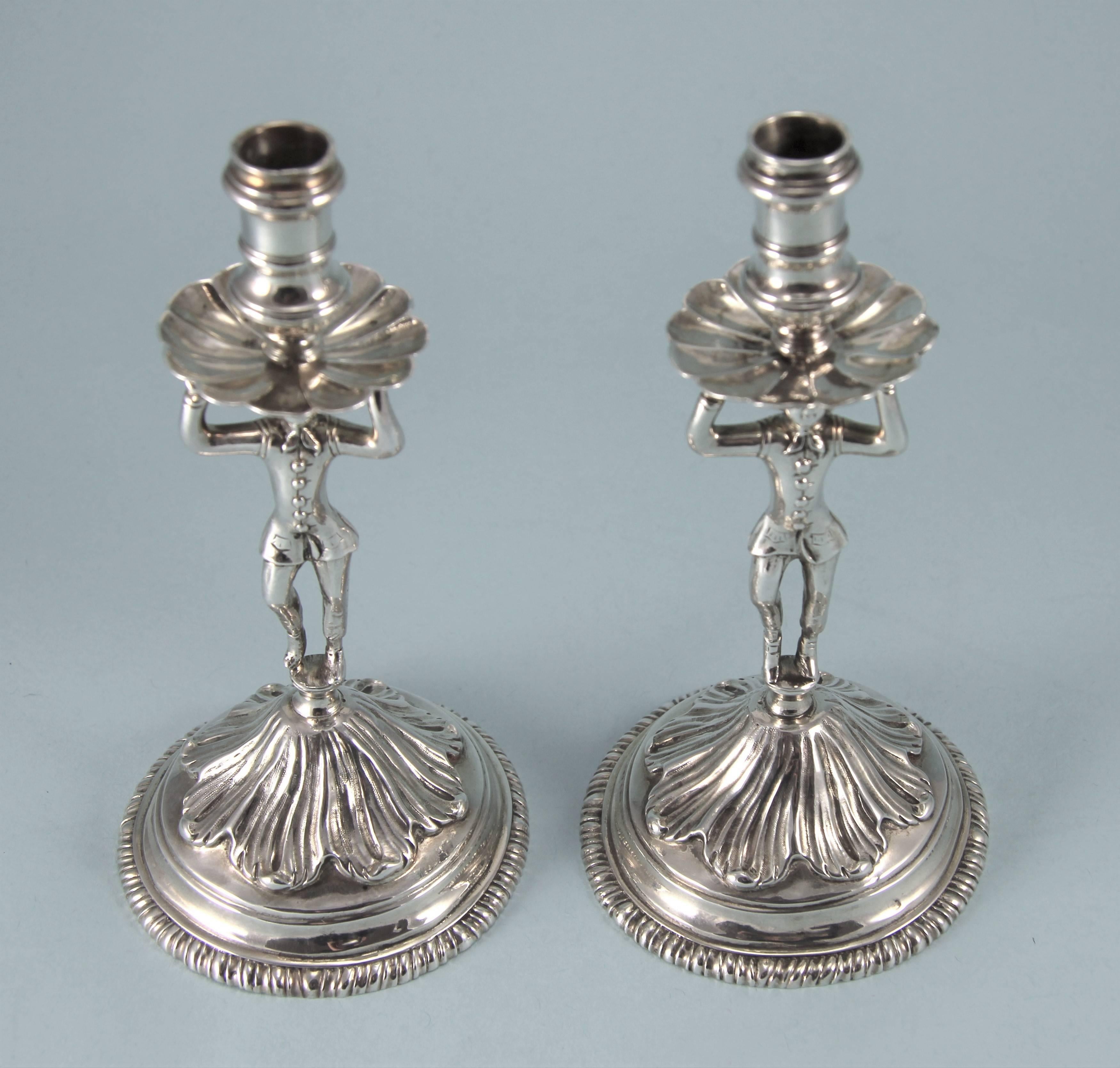 George II Rare Sterling Silver Sailor Tapersticks by Peter Werritzer In Excellent Condition For Sale In London, GB