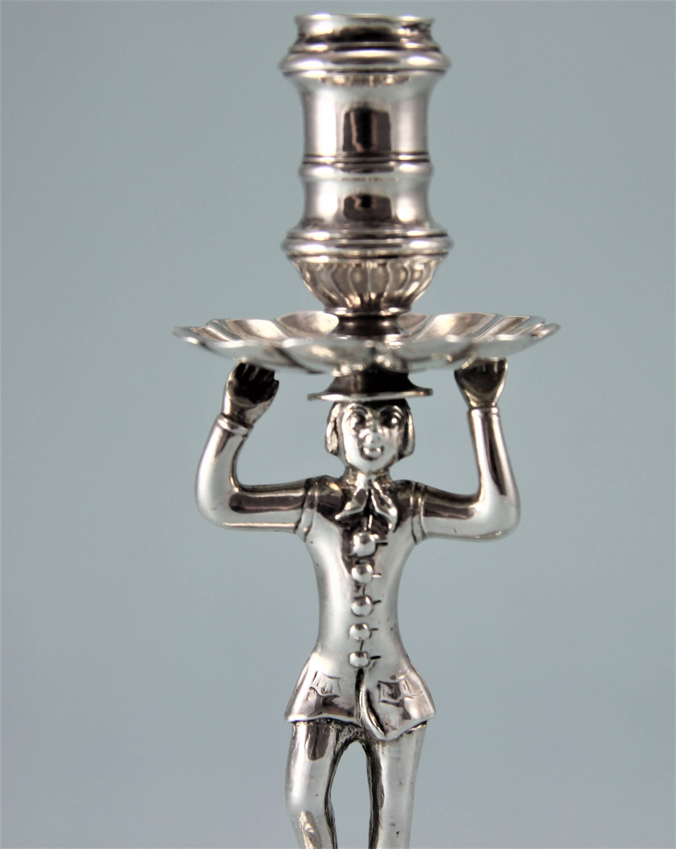 Mid-18th Century George II Rare Sterling Silver Sailor Tapersticks by Peter Werritzer For Sale