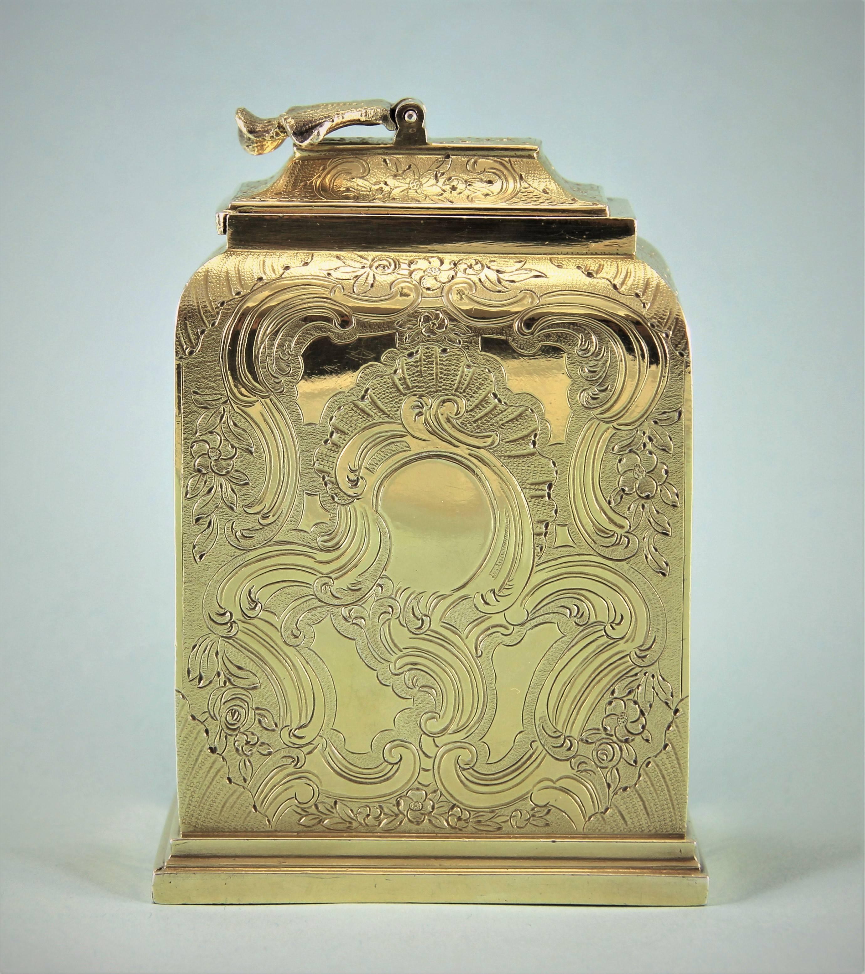 Very attractive and highly decorative George III silver gilt tea caddy by Robert Garrard I engraved with scrolls and roses, London, 1815. 

The full set of hallmarks is clearly stamped on one of the sides of the caddy. The maker's mark, lion