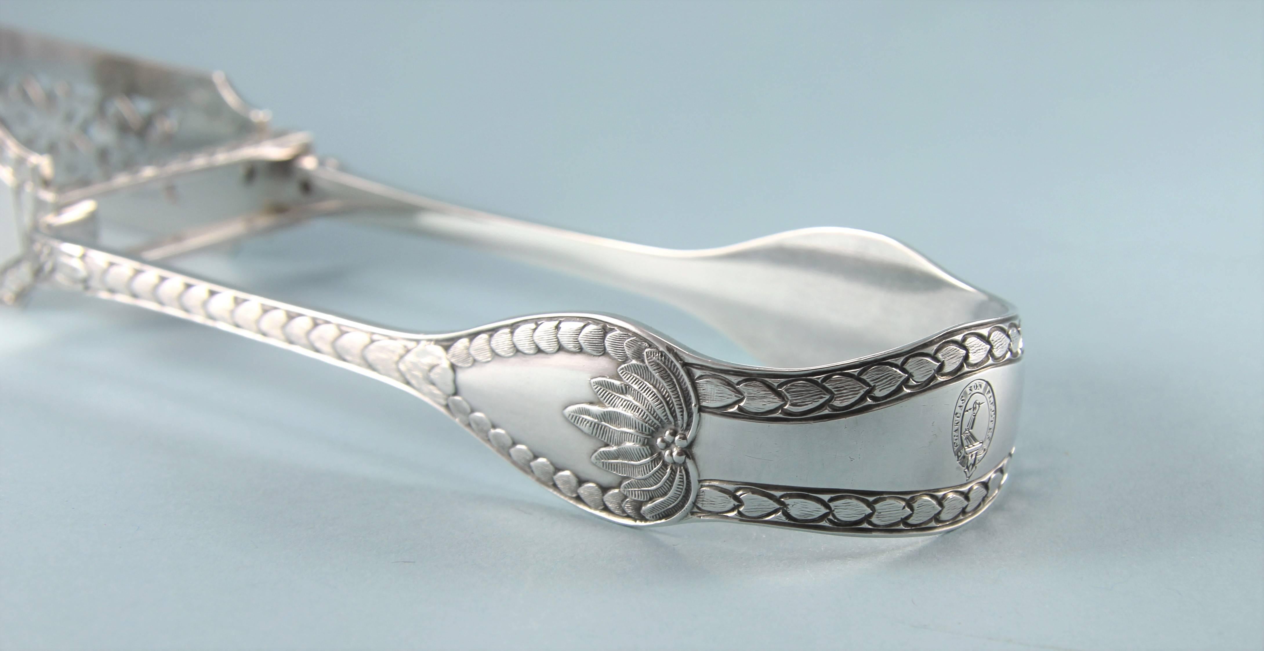 Sterling Silver George Adams, Victorian Palm Patterned Asparagus Tongs, London, 1878 For Sale