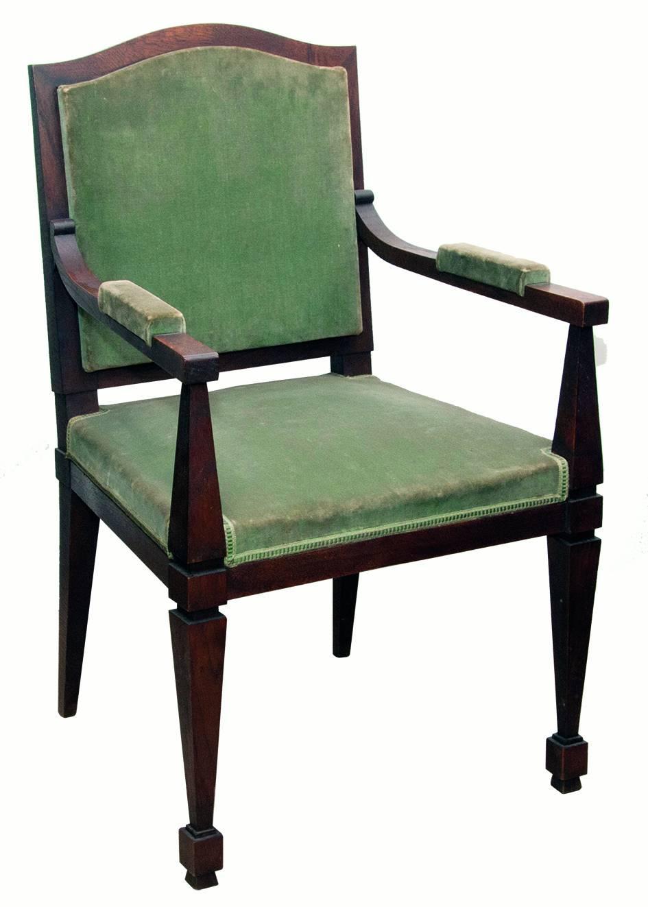 A pair of neoclassical André Arbus (1903-1969) armchairs in dark cerused oak.
In their original condition.
Provenance: Flat decorated by André Arbus.

Fully documented. 

Two pairs available.
Crate and Fedex priority shipping.