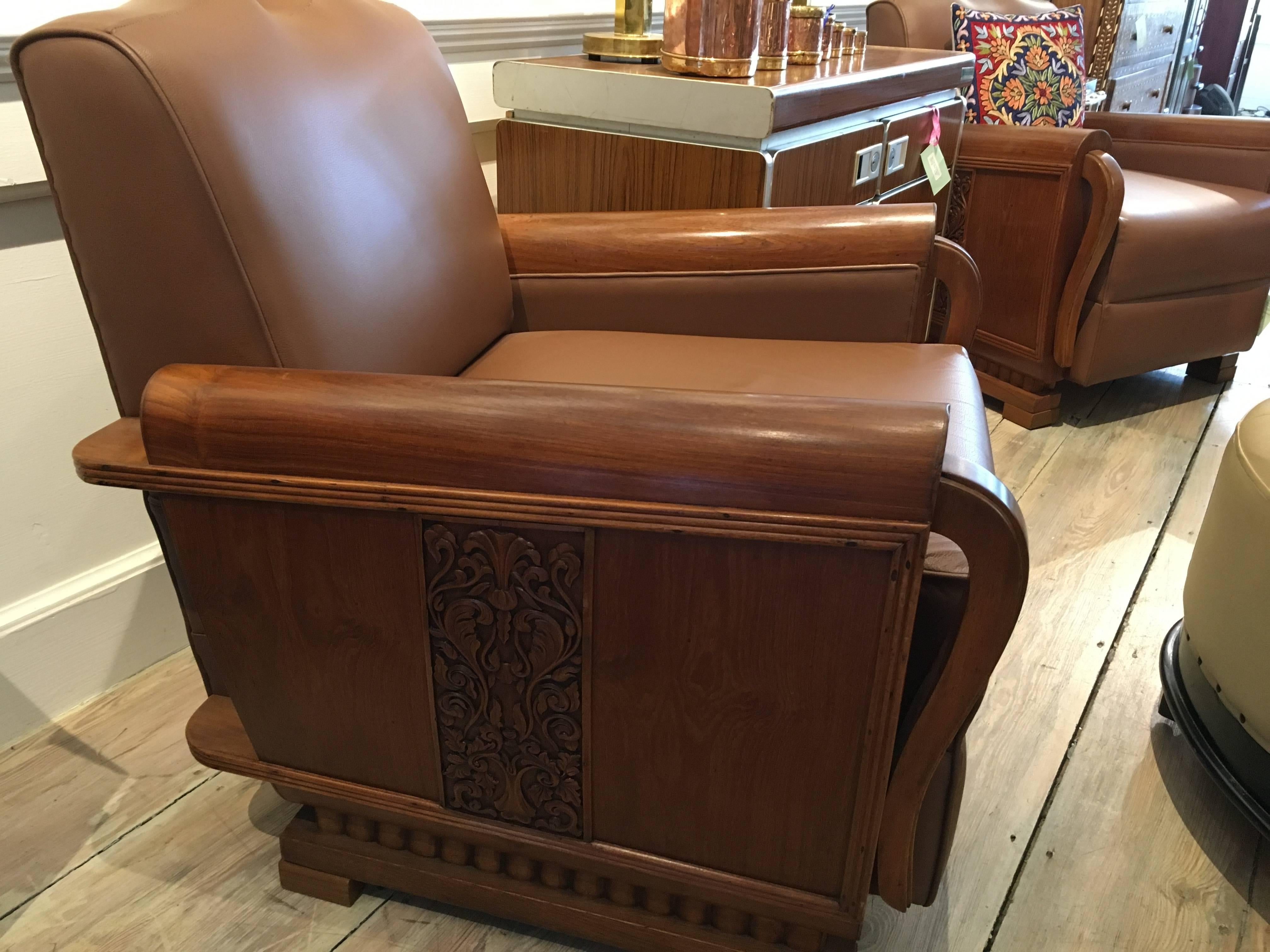 Pair of Art Deco Period Teak and Leather Club Chairs with Mustache Back In Excellent Condition In Nantucket, MA