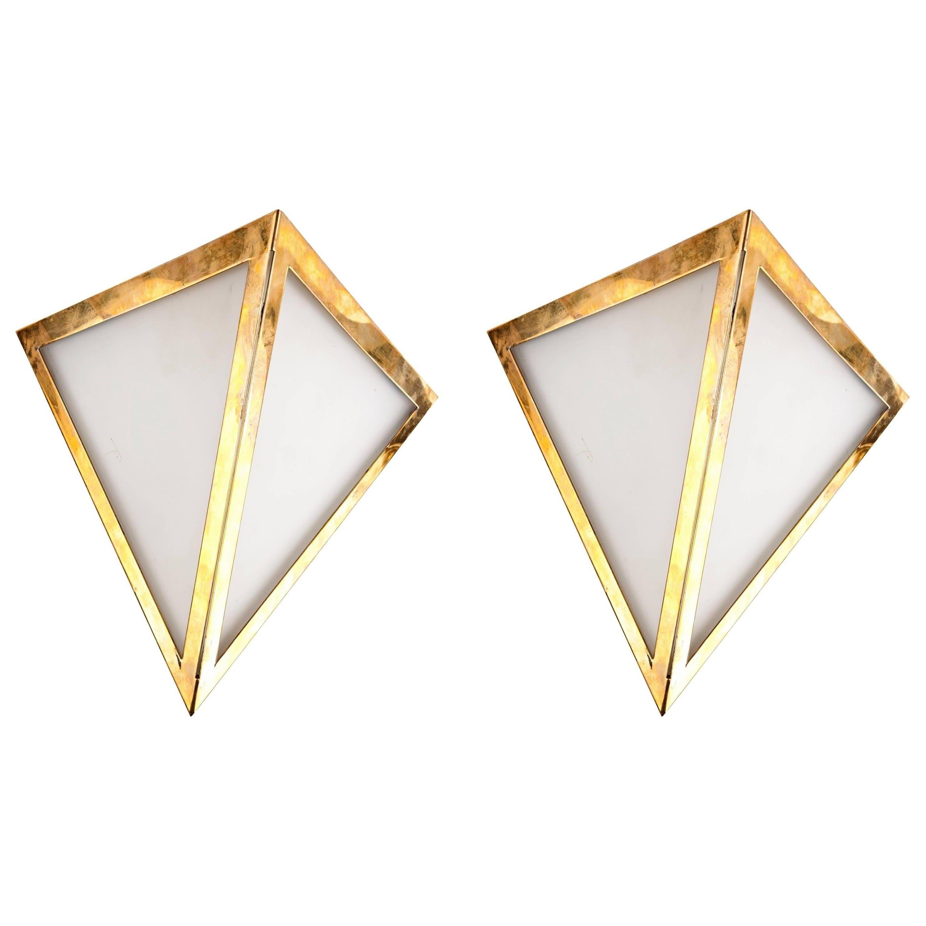 Pair of Triangular Opaque Glass Wall Sconces from a 1970s Cruise Ship Stateroom