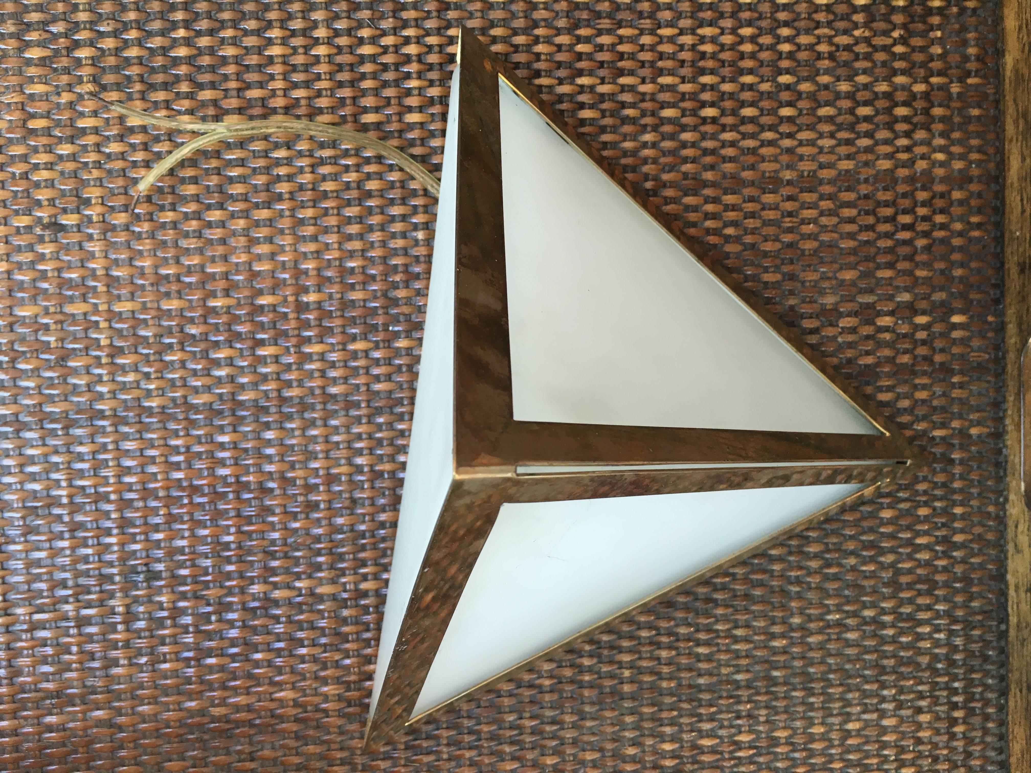 Industrial Pair of Triangular Opaque Glass Wall Sconces from a 1970s Cruise Ship Stateroom