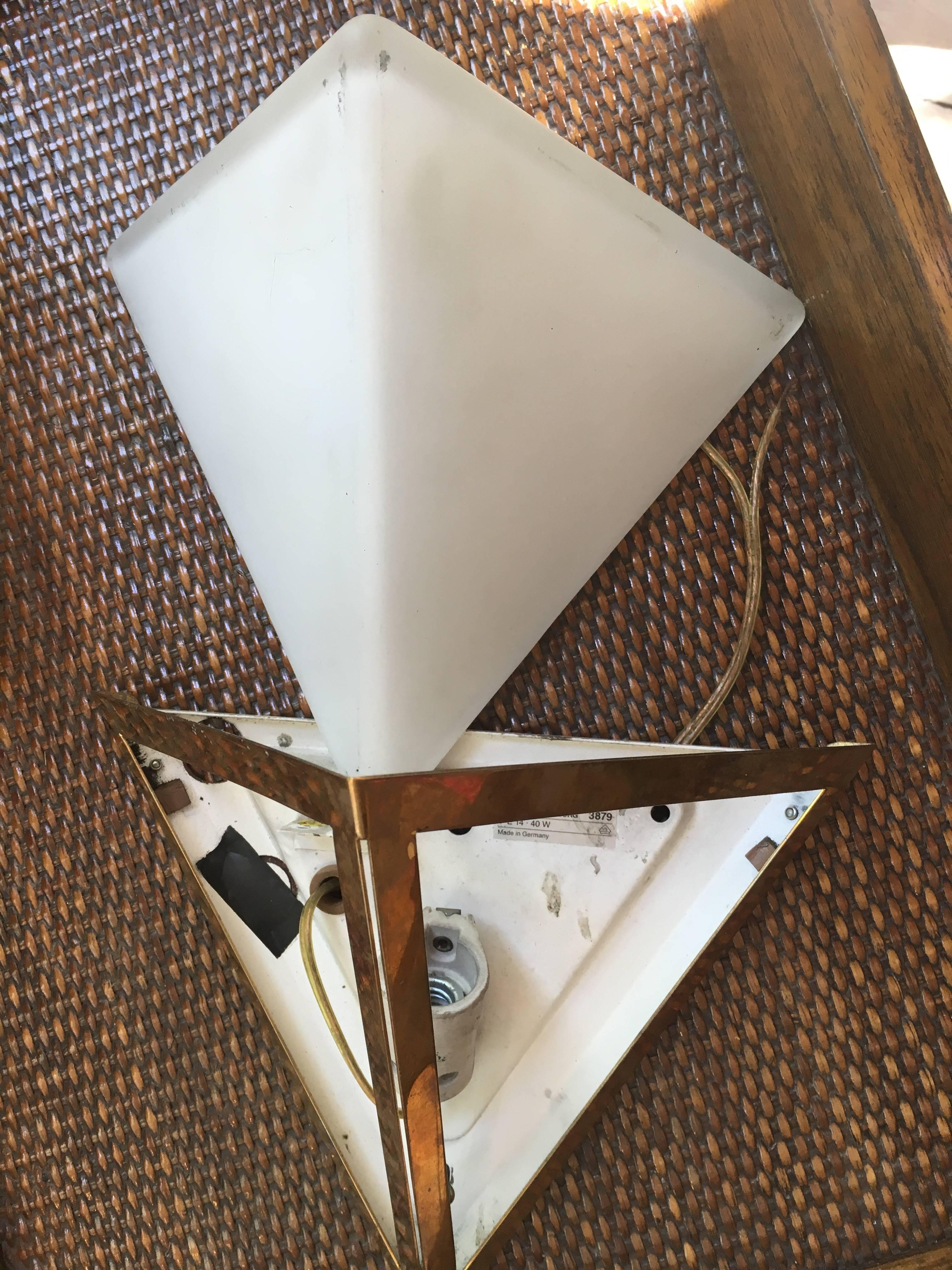 Pair of Triangular Opaque Glass Wall Sconces from a 1970s Cruise Ship Stateroom In Good Condition In Nantucket, MA