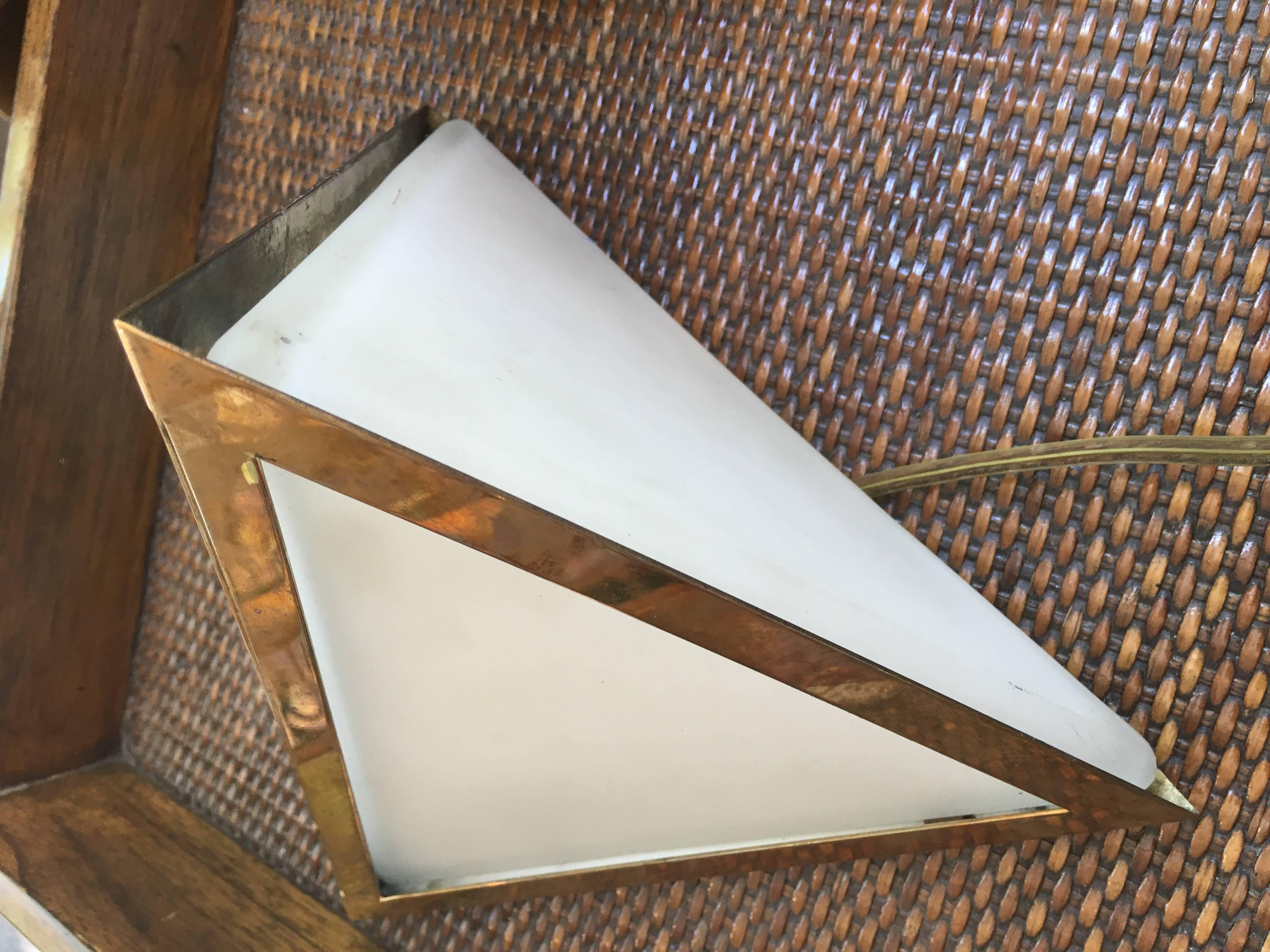 Brass Pair of Triangular Opaque Glass Wall Sconces from a 1970s Cruise Ship Stateroom