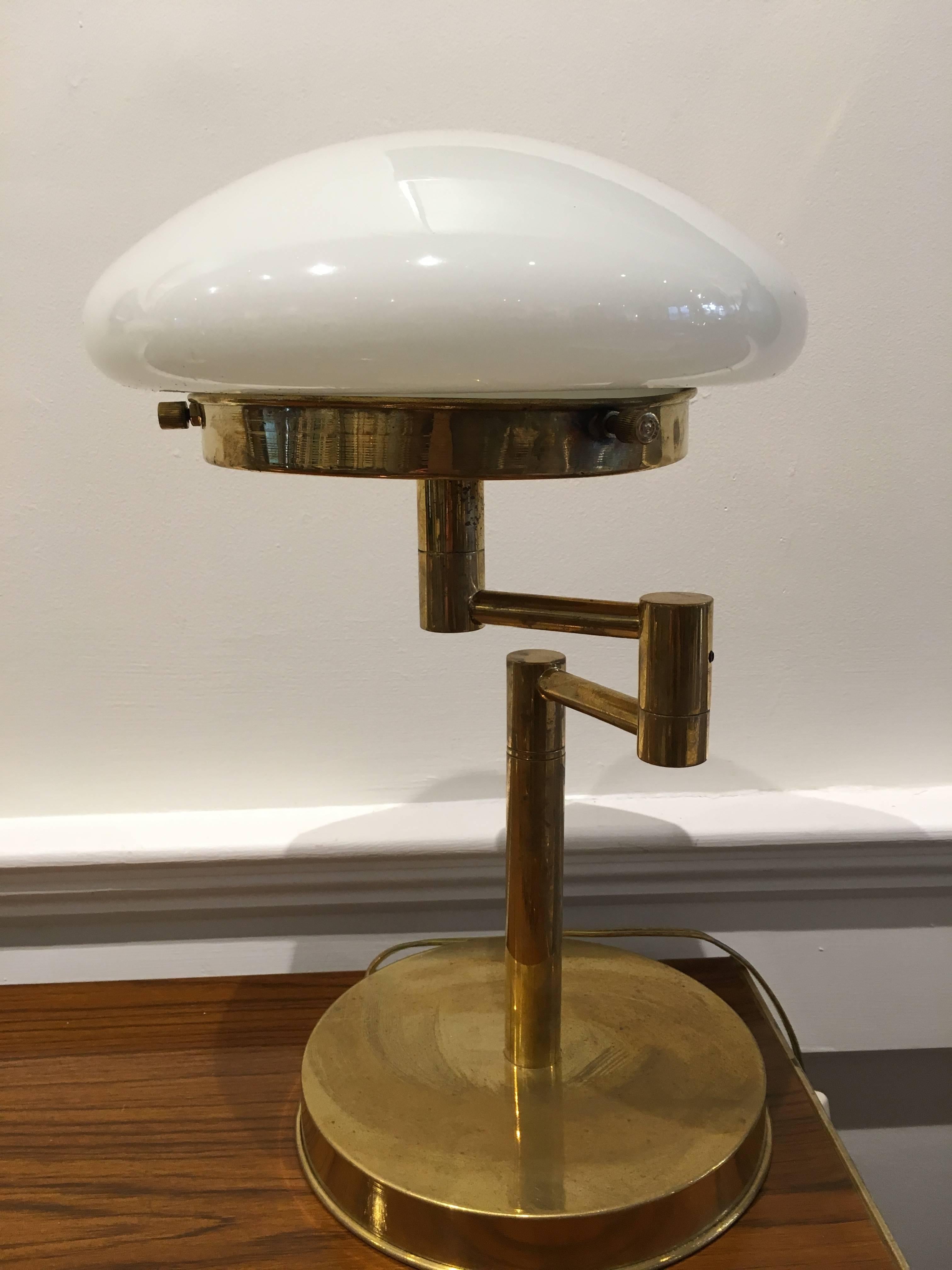 Pair of Mid-Century Modern Swing-Arm Brass Table Lamps with Milk Glass Shades In Excellent Condition In Nantucket, MA