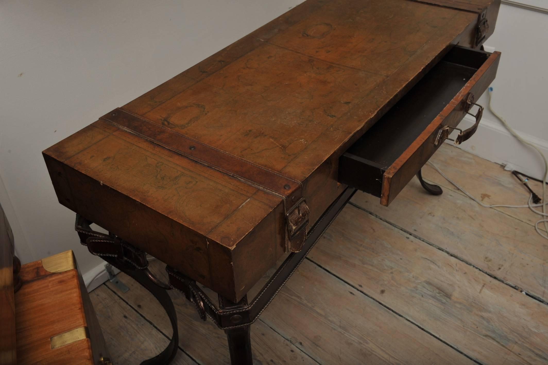 World Map Suitcase Table with Leather Straps and Buckles 1