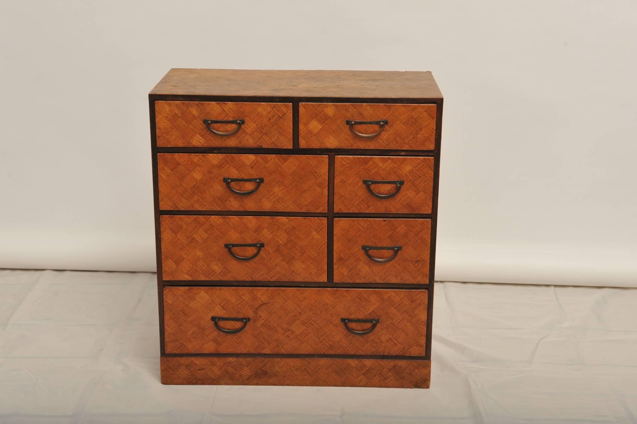 A rare and unusual cross-cut bamboo Tansu chest. Dates pre-World War II Showa period, Japan, circa 1930s. Each bamboo square is individually cut and placed. A few wear marks on the top, as you can see in the photograph. Perfect as a bedside table or