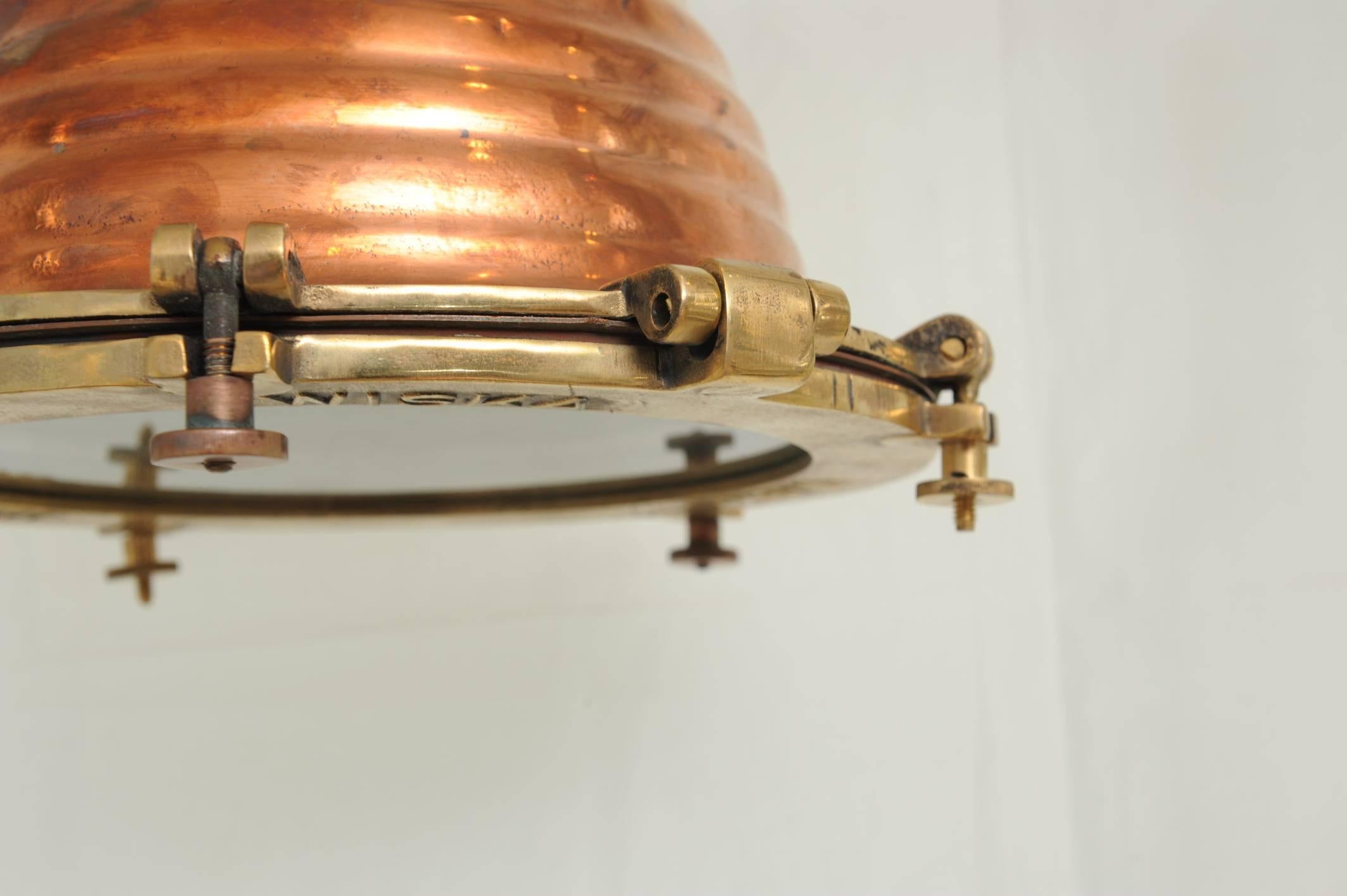 Industrial Pair of Copper and Brass Mid-Century Ship's Deck Lights