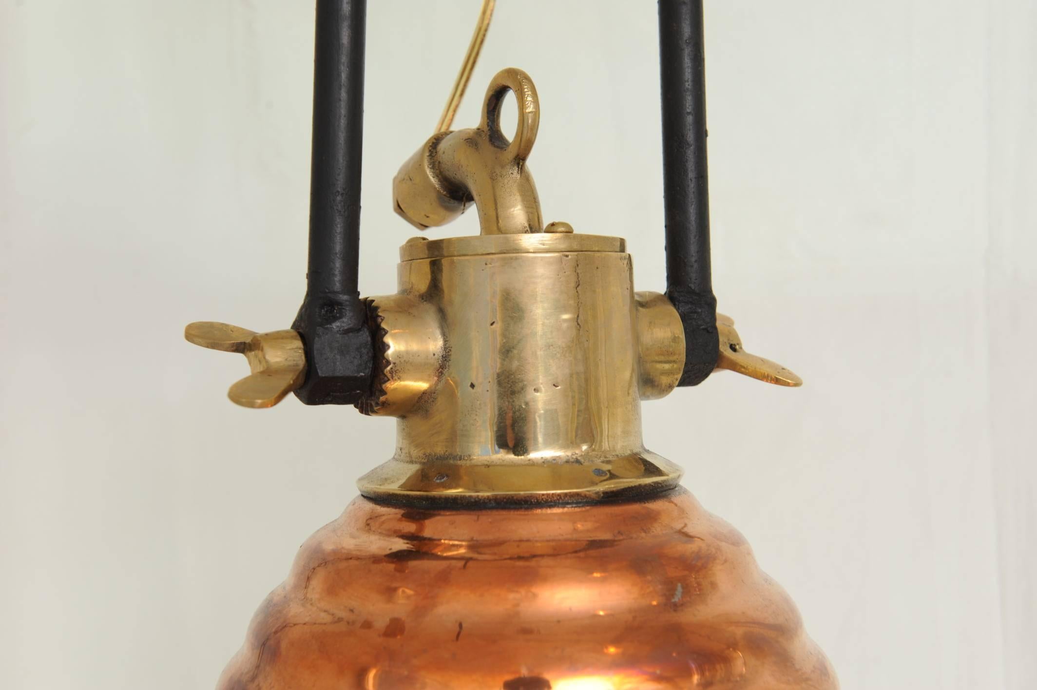 Pair of Copper and Brass Mid-Century Ship's Deck Lights In Excellent Condition In Nantucket, MA