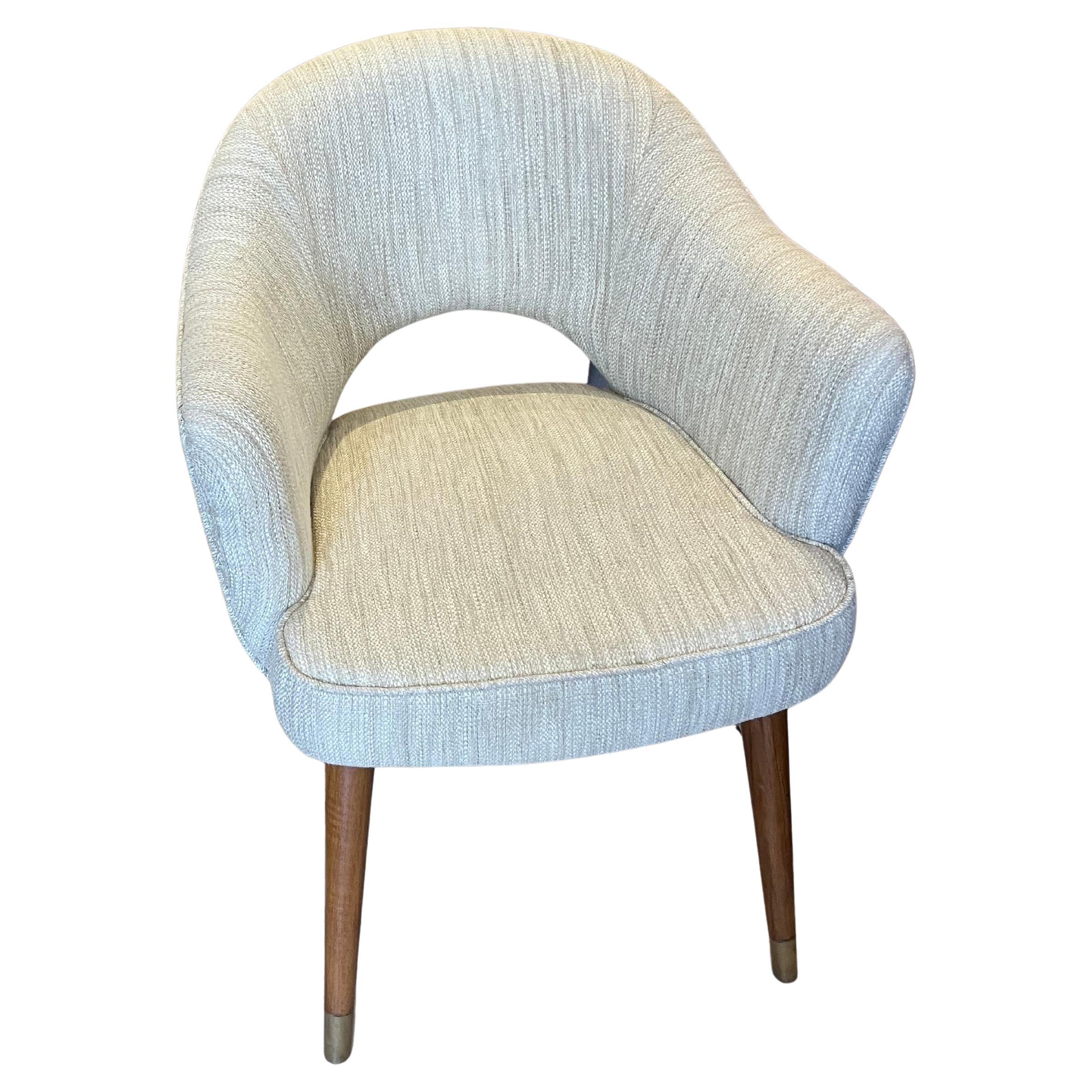 Pair of Mid-Century Modern Upholstered Barrel Chairs with Teak Legs & Brass Feet In Good Condition For Sale In Nantucket, MA
