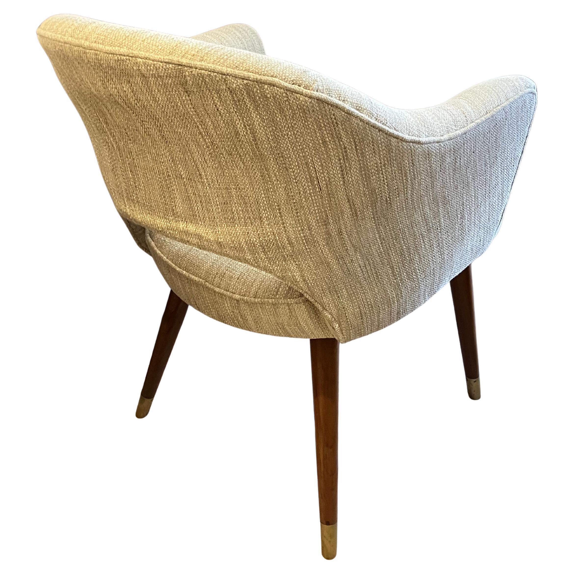 20th Century Pair of Mid-Century Modern Upholstered Barrel Chairs with Teak Legs & Brass Feet For Sale