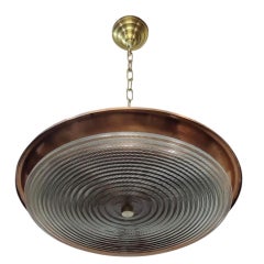 Lámpara colgante grande de cobre y cristal de plomo holófano de mediados del siglo XX