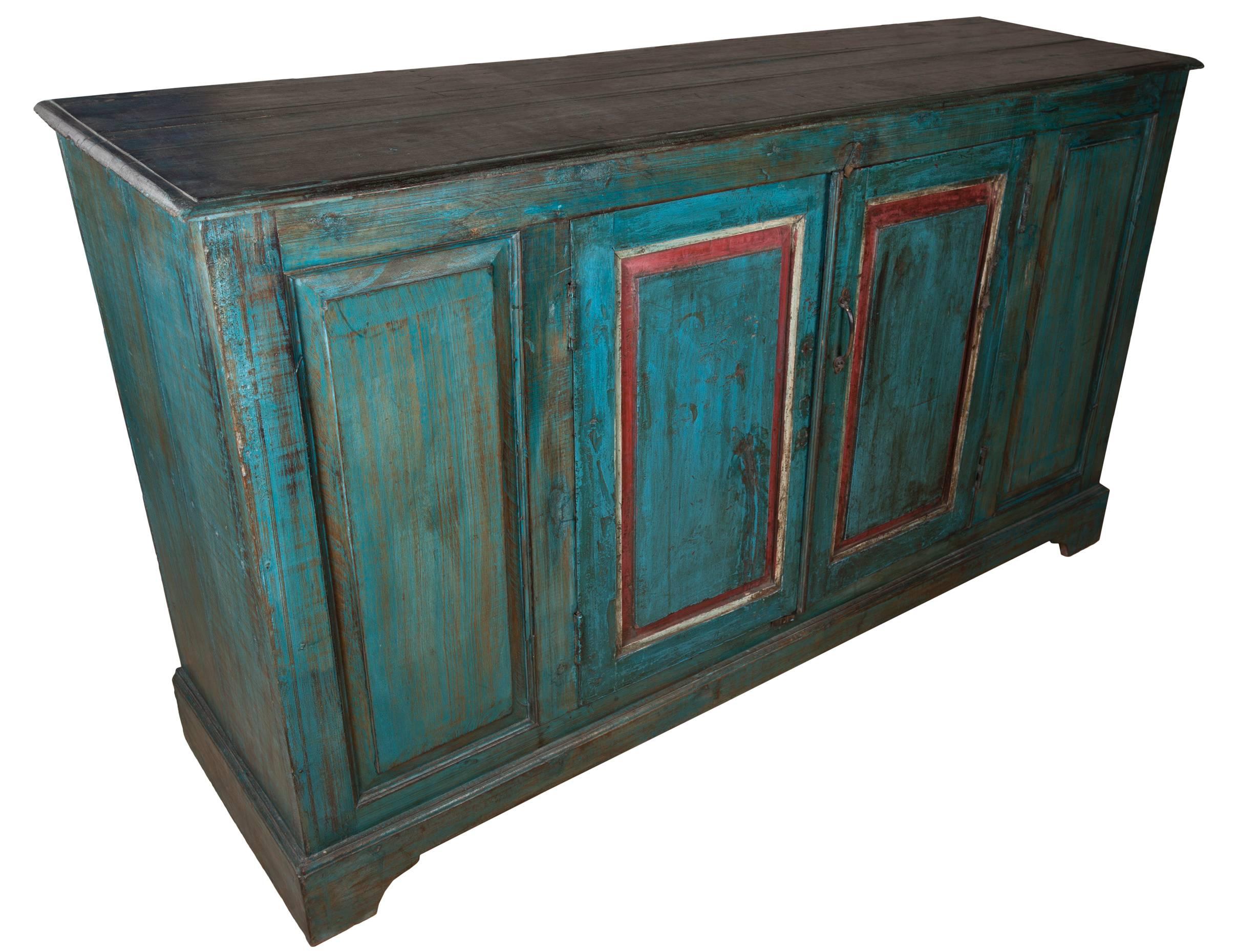 Painted sideboard constructed from late 19th century window shutters and recycled teak wood. Fun and fabulous. Interior shelf, double door fronts, original paint.

   