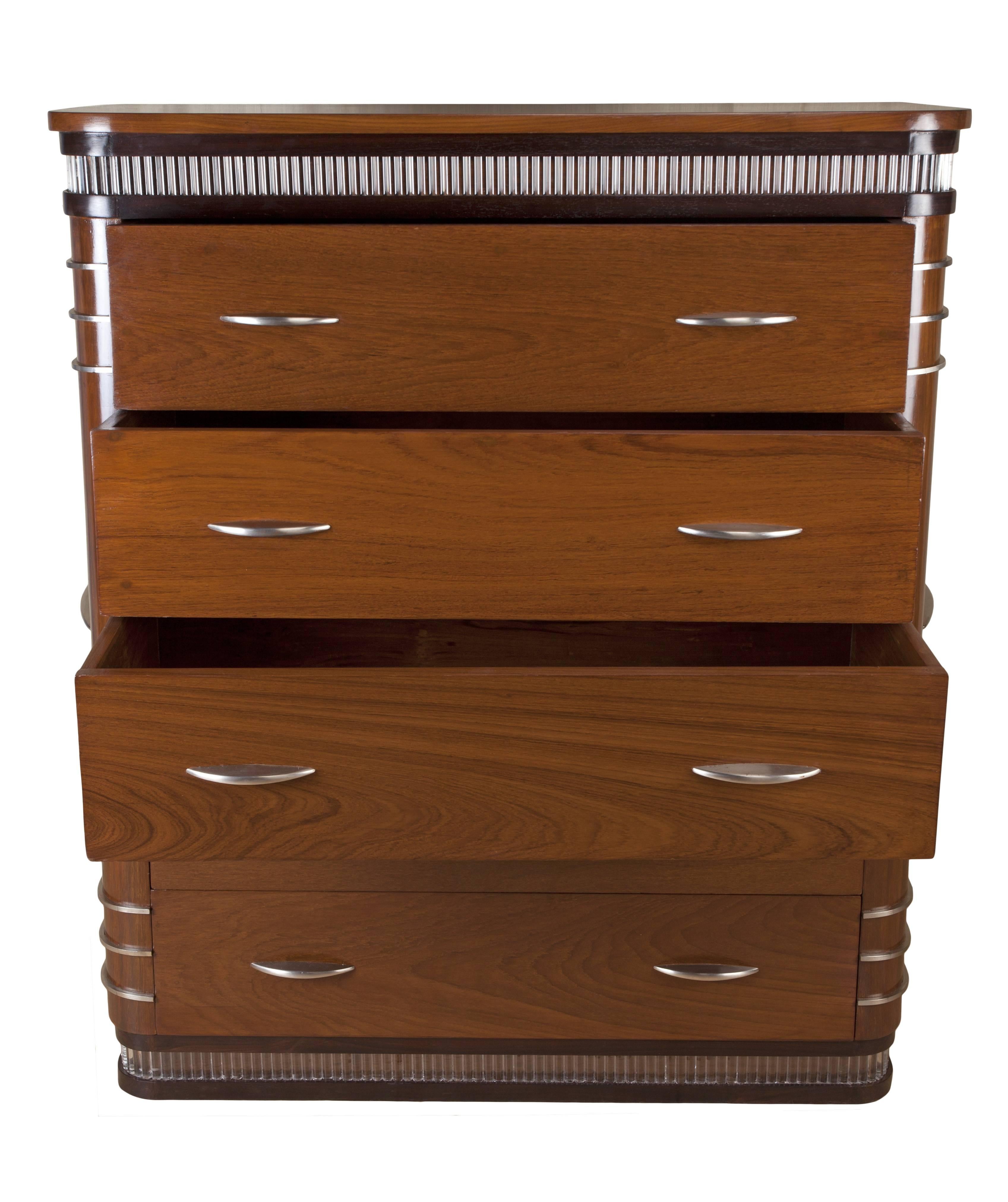 Spectacular Deco Period Chest of Drawers with Glass Inlay and Chrome Details In Excellent Condition In Nantucket, MA