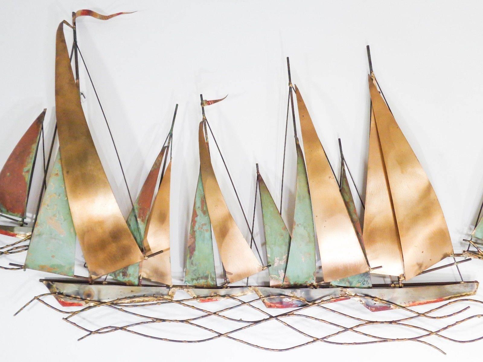 A signed and dated Curtis Jere` (Curtis Freiler and Jerry Fells) sailboat wall sculpture of the Brutalist period in fantastic condition. Original patina and signed 1972.