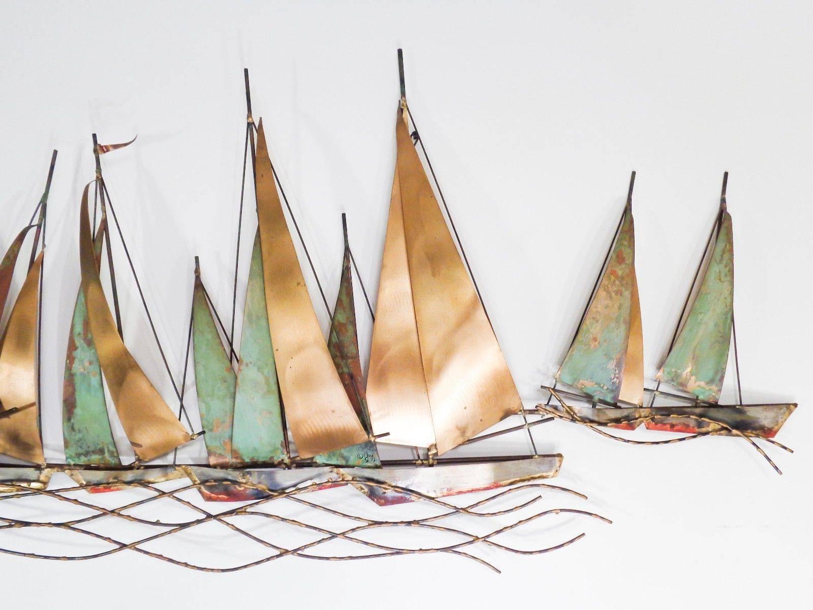 Signed and Dated Curtis Jere` Brutalist Metal Wall Sailboat Sculpture, 1972 In Excellent Condition In Nantucket, MA