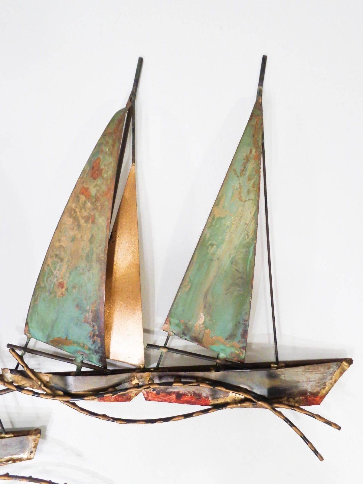 20th Century Signed and Dated Curtis Jere` Brutalist Metal Wall Sailboat Sculpture, 1972