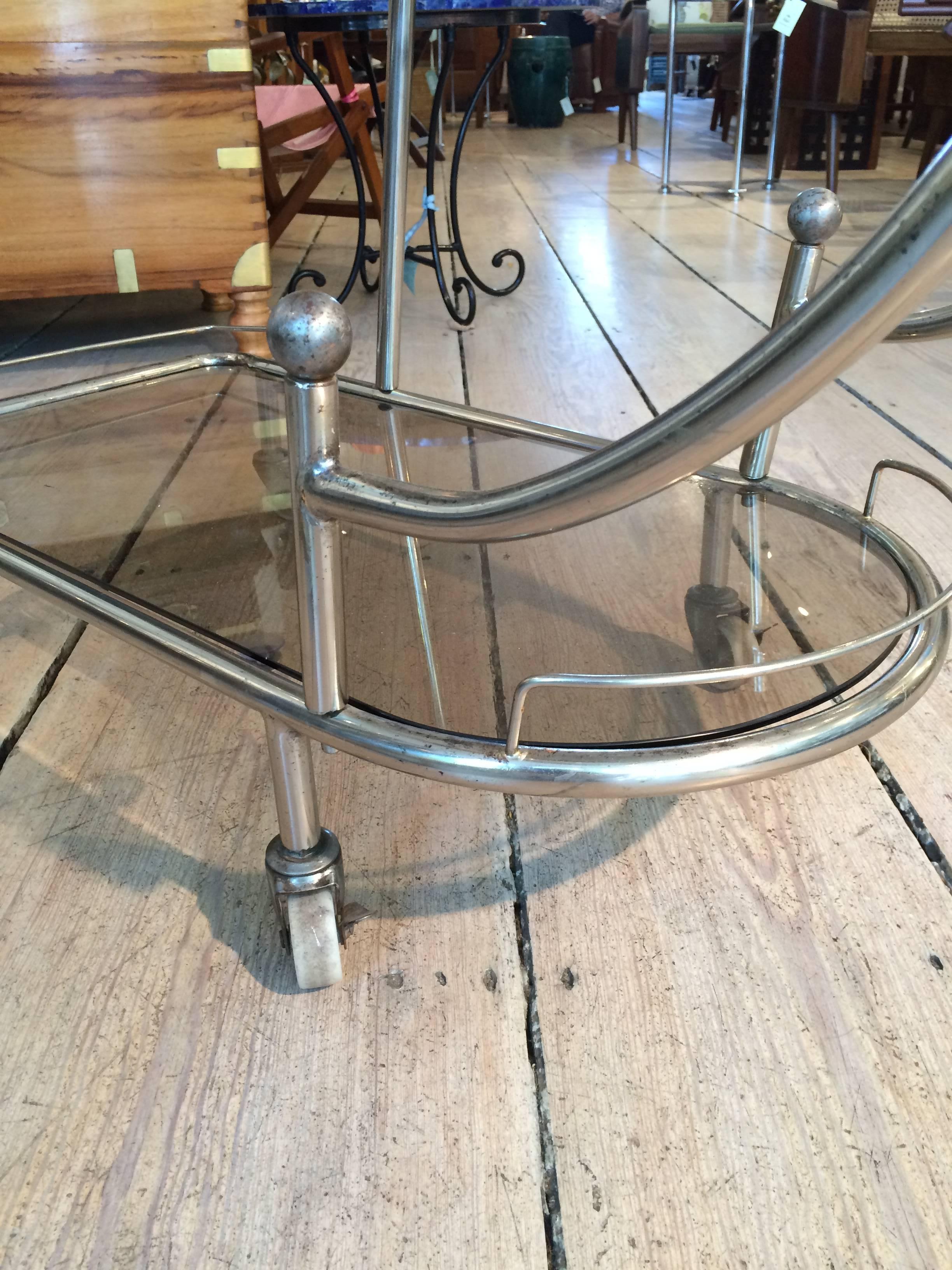 Mid-Century Modern Steel Bar Cart with Smoked Glass Shelves 1