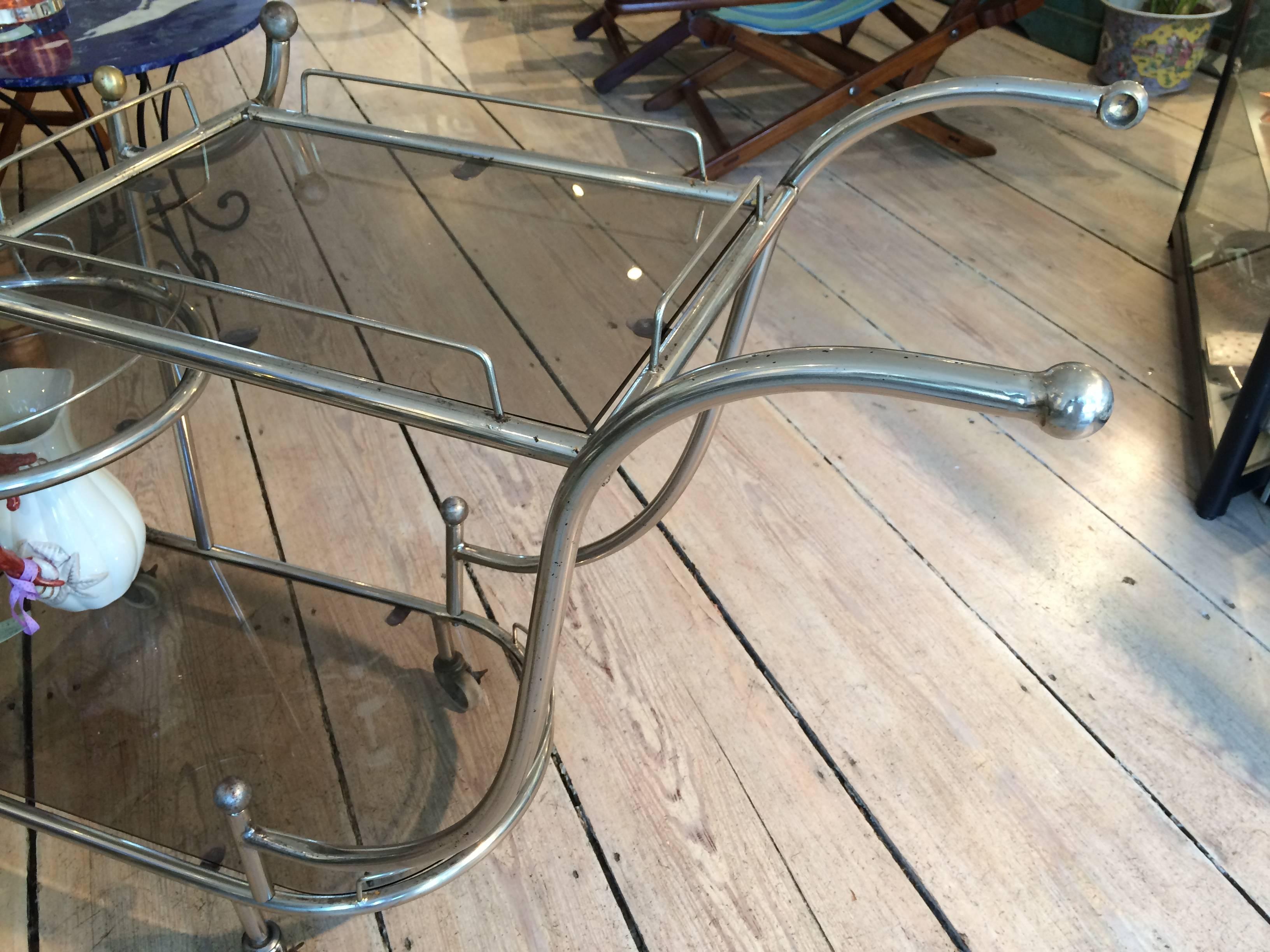 English Mid-Century Modern Steel Bar Cart with Smoked Glass Shelves