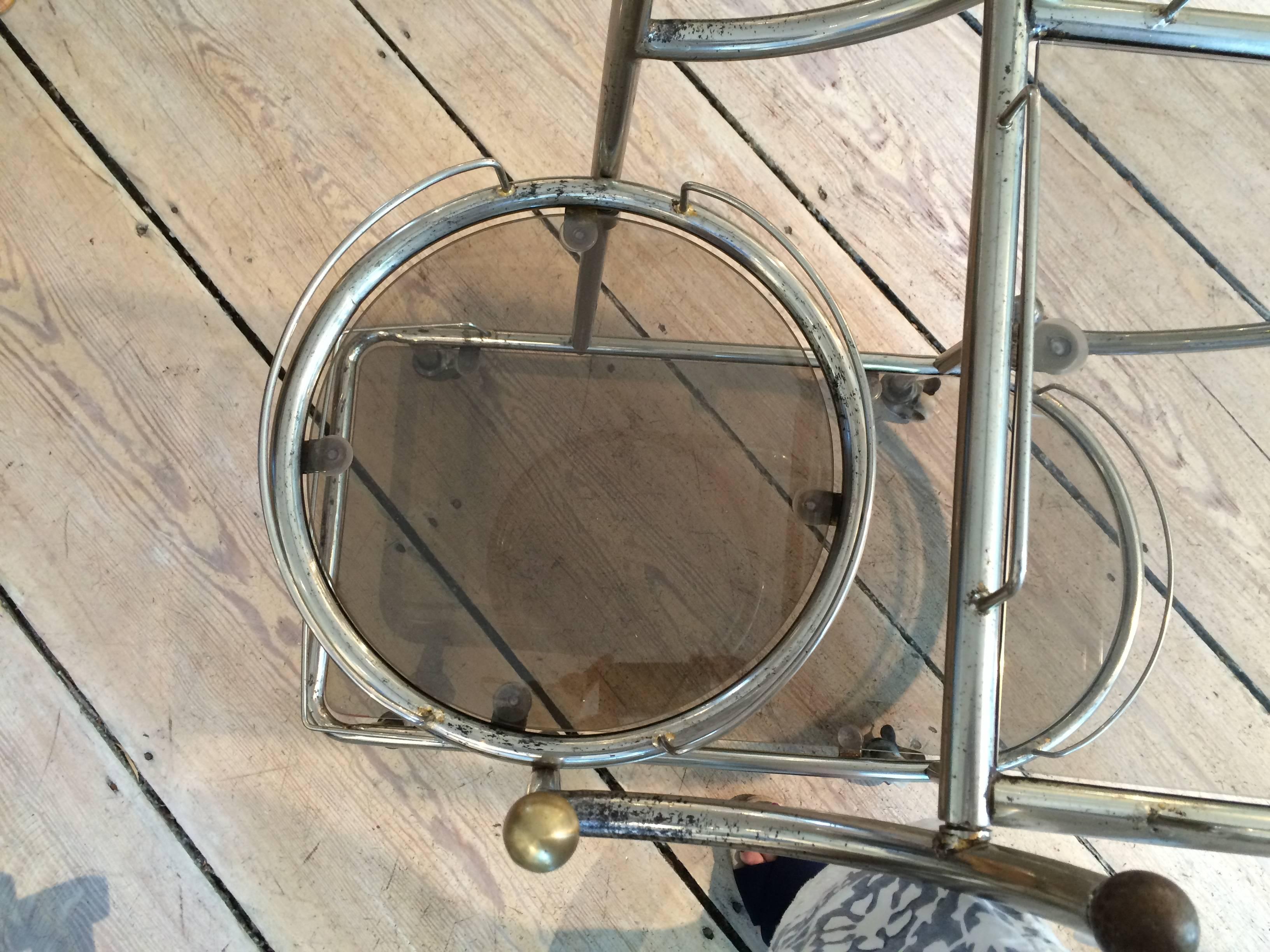 Mid-Century Modern Steel Bar Cart with Smoked Glass Shelves In Good Condition In Nantucket, MA